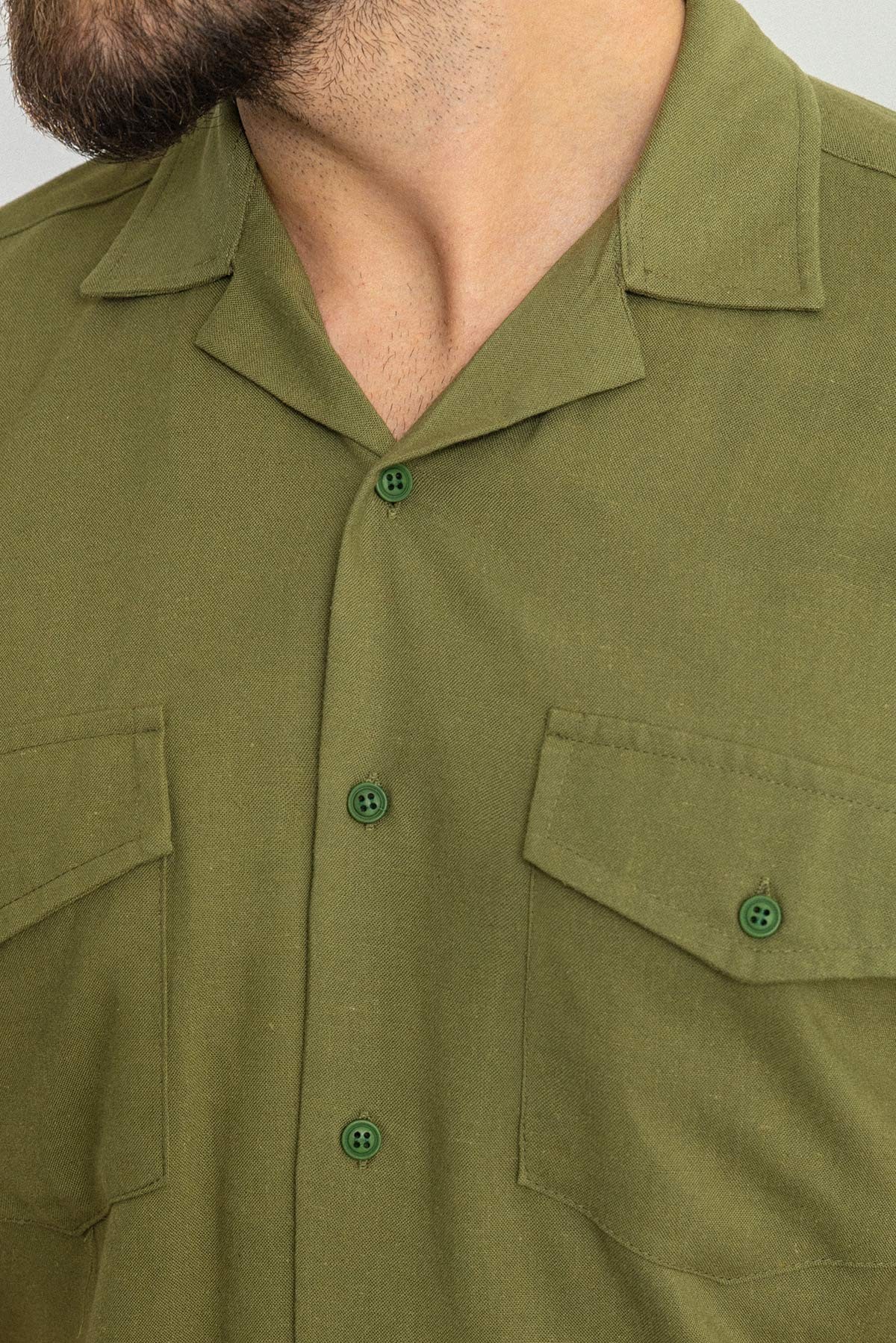 Düz Slim Fit Apaç Yaka Keten Erkek Gömlek Şort Takım