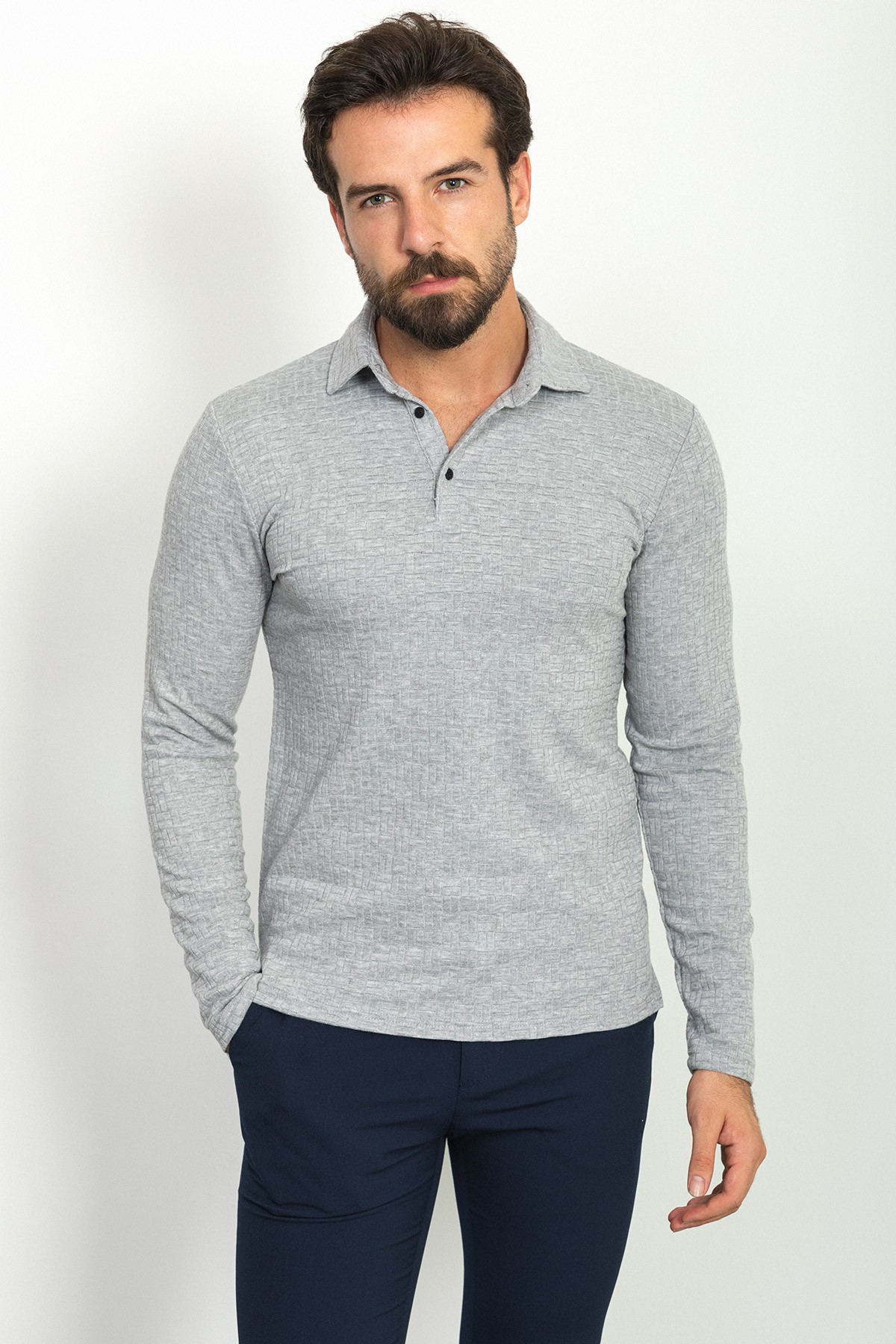 Desenli Slim Fit Polo Yaka Uzun Kollu Erkek T-Shirt