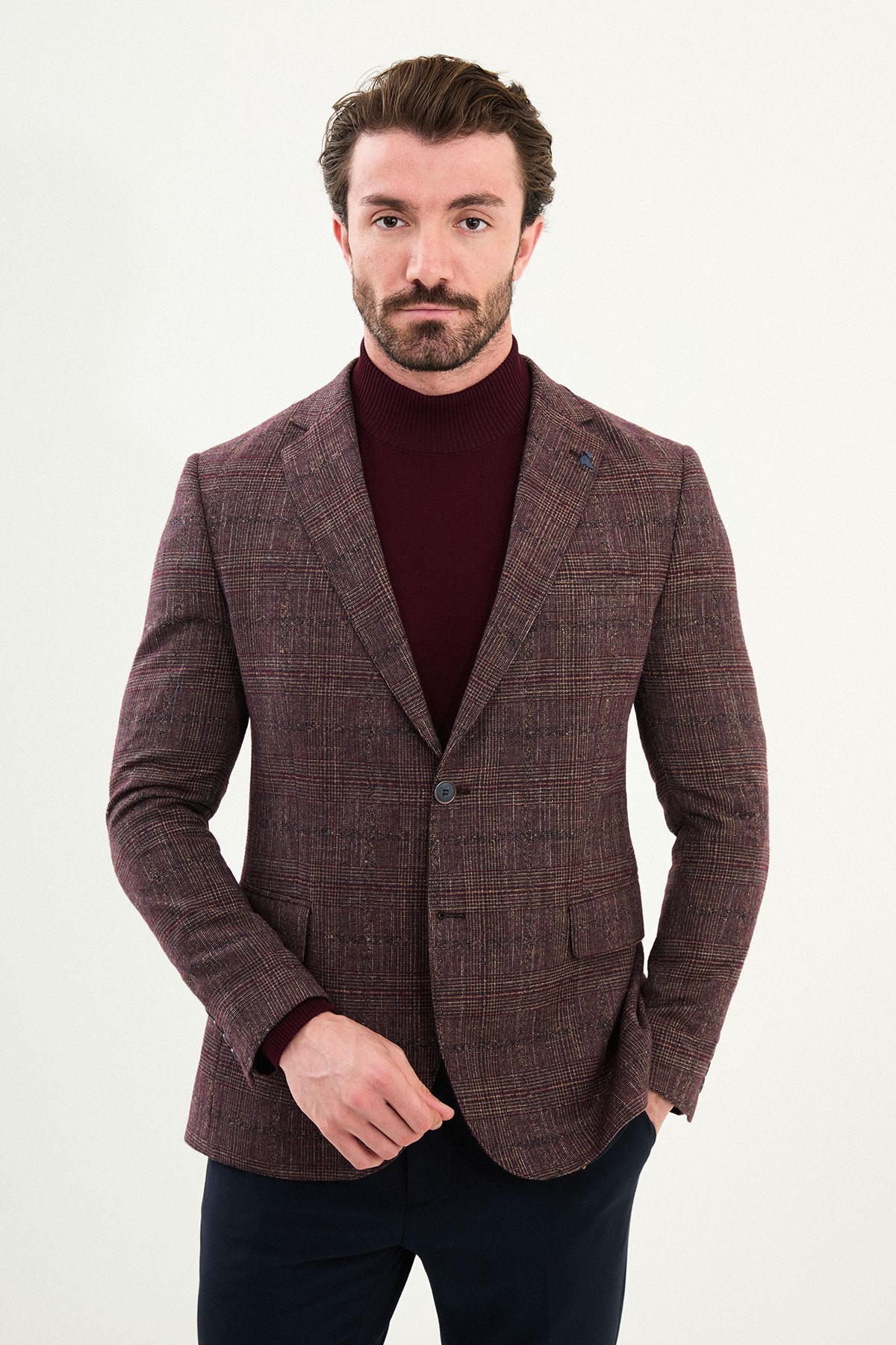 Ekoseli Slim Fit Mono Yaka Yün Erkek Ceket
