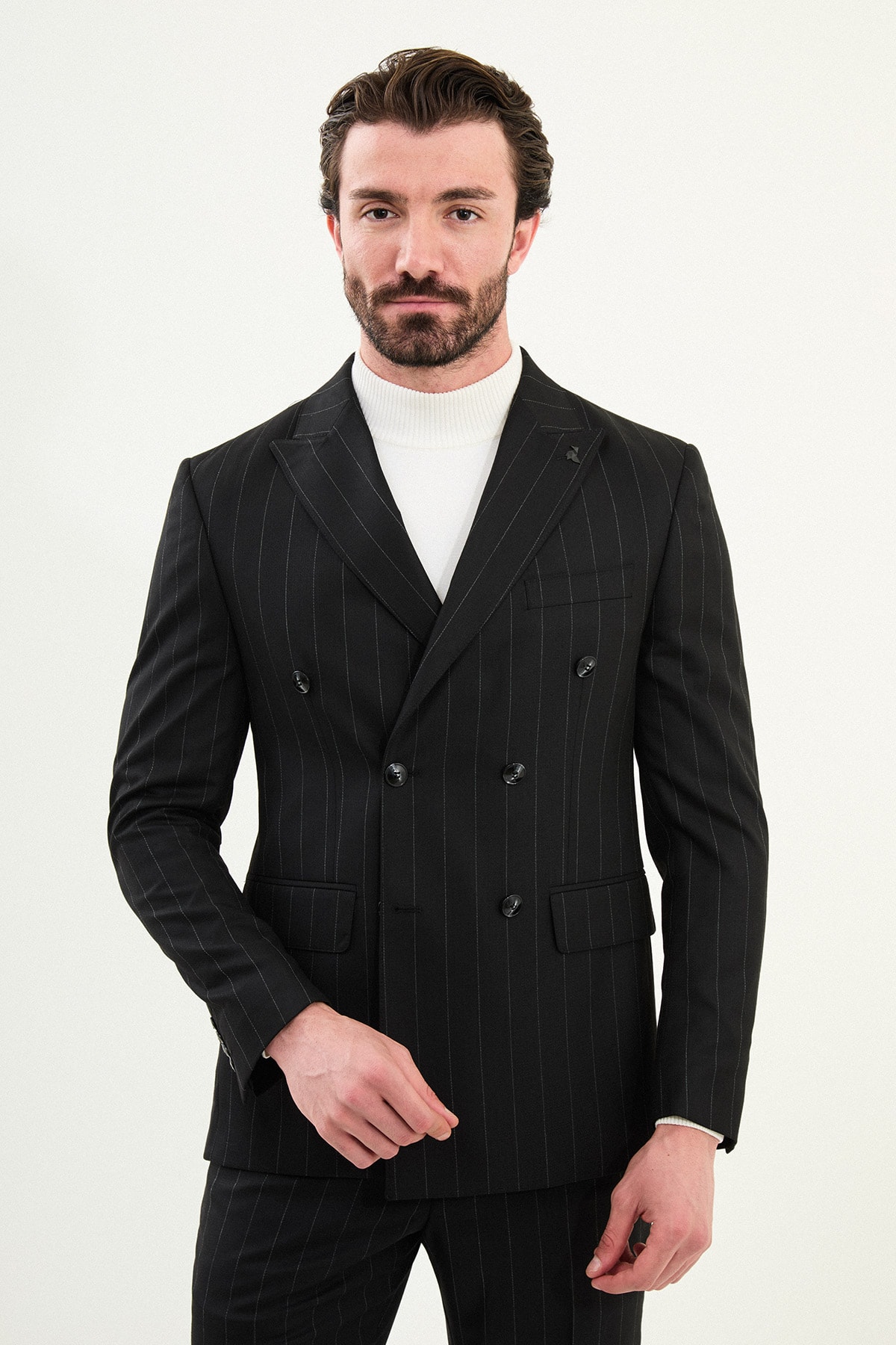 Çizgili Slim Fit Geniş Yaka Kruvaze Erkek Takım Elbise - Siyah
