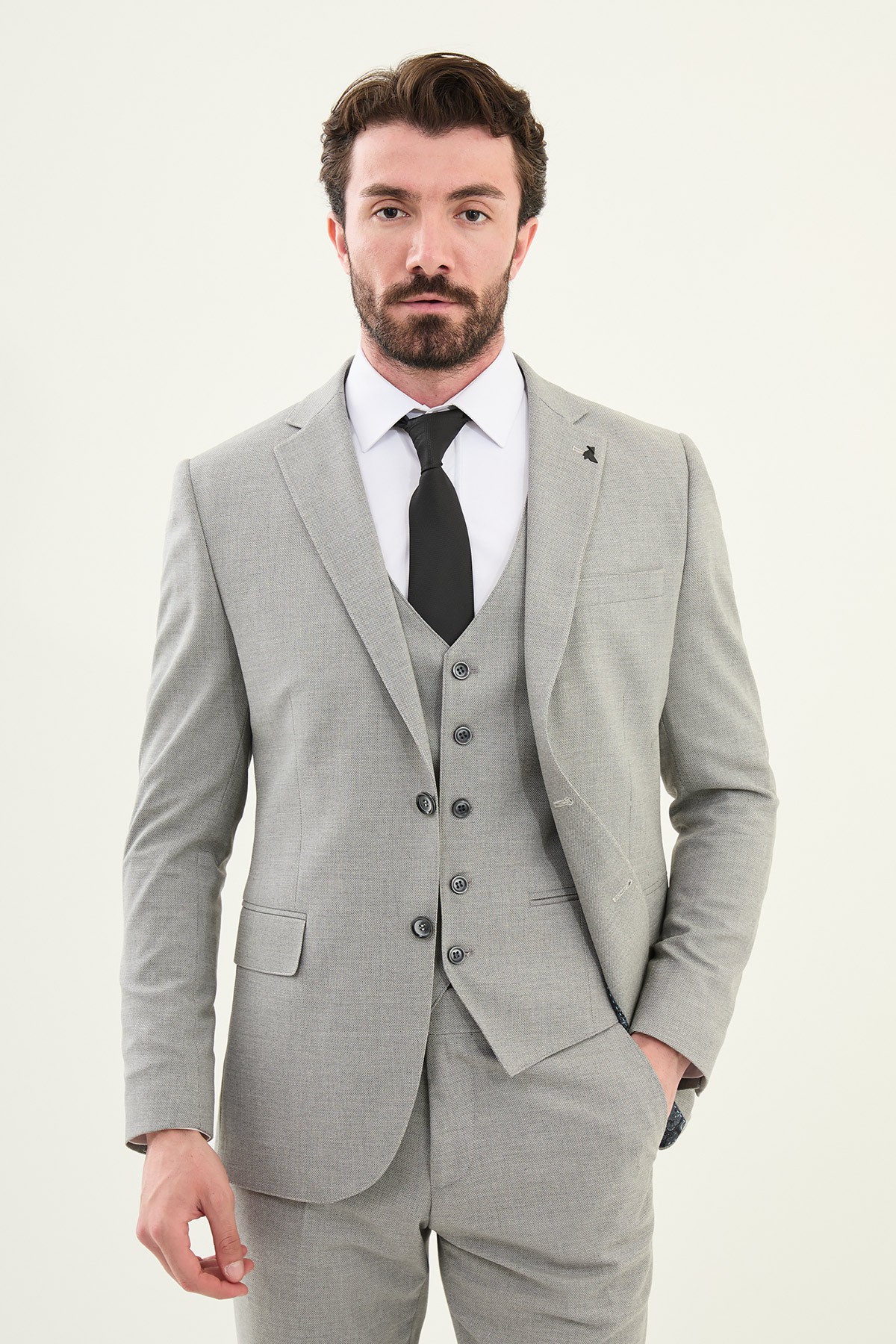 Desenli Slim Fit Mono Yaka Erkek Takım Elbise - Gri