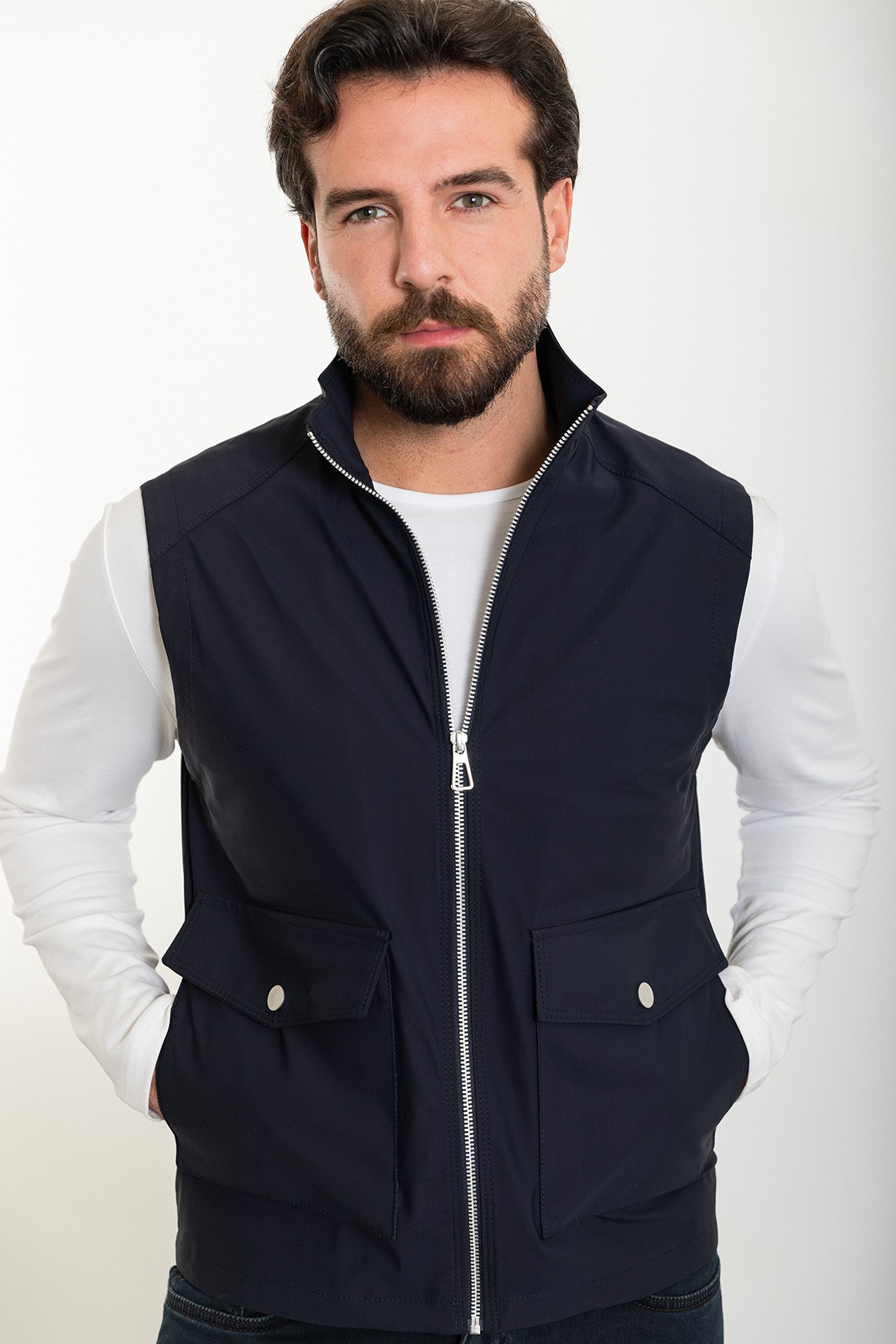 Düz Slim Fit Torba Cep Hakim Yaka Erkek Yelek