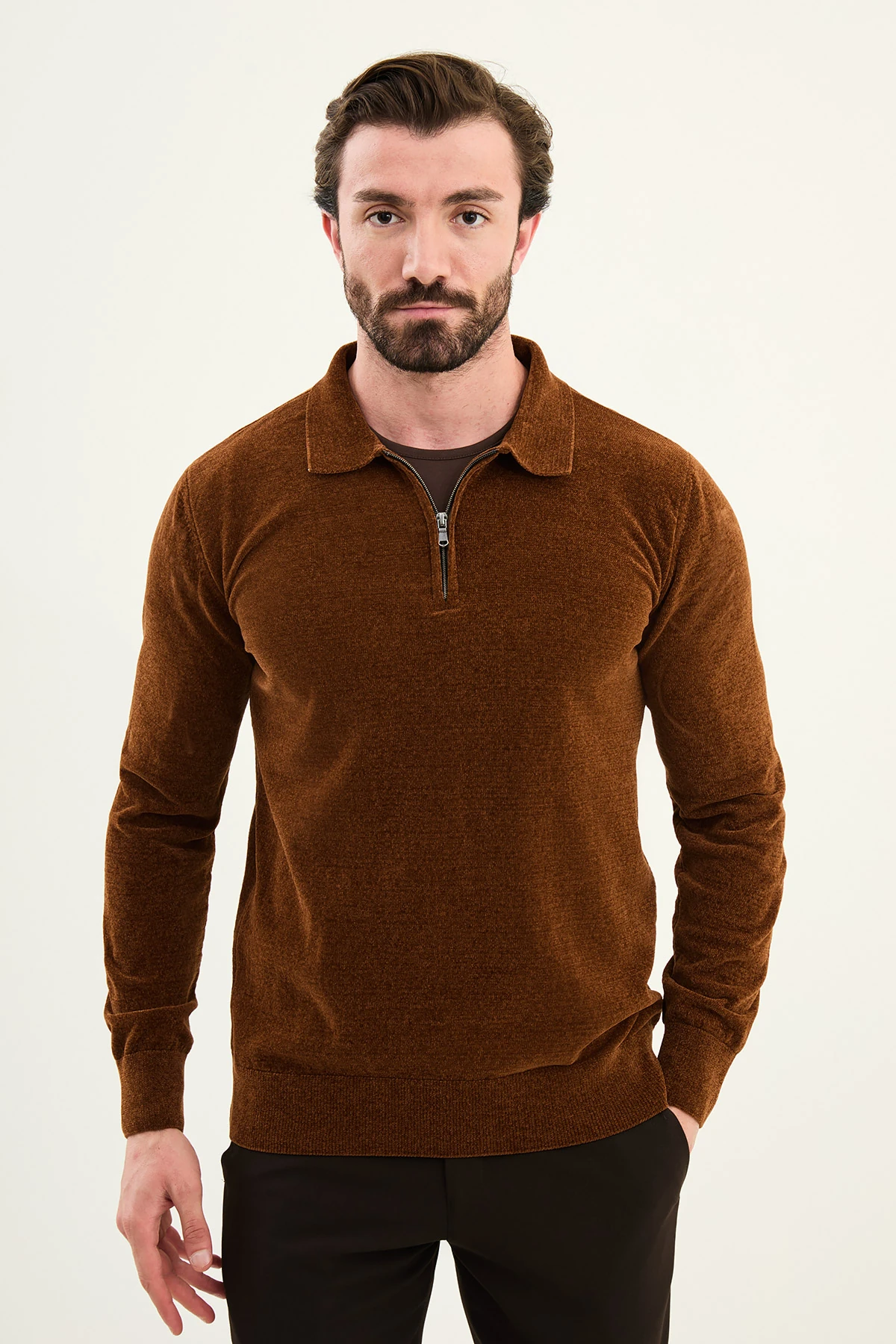 Düz Slim Fit Fermuarlı Polo Yaka Şönil Kumaş Erkek Triko - Kahverengi