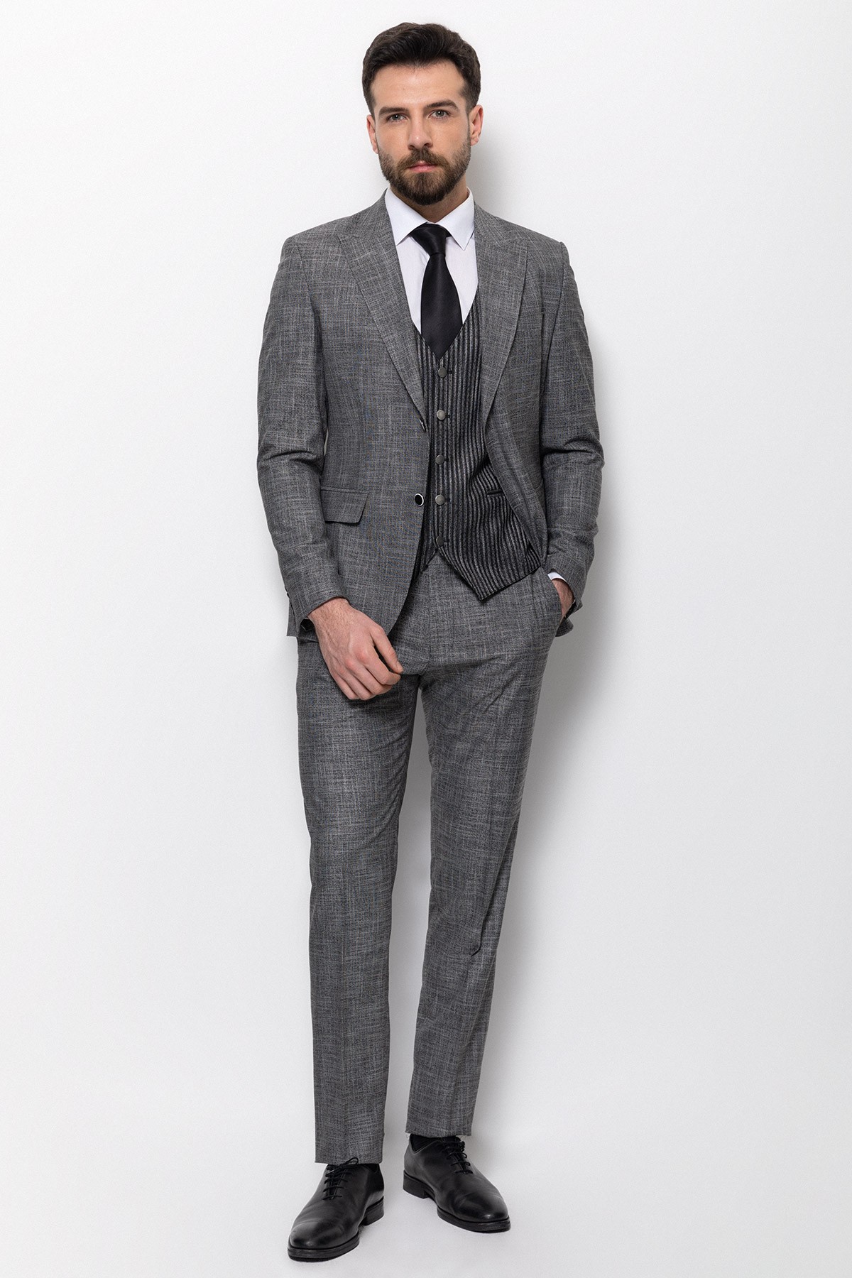Kırçıllı Slim Fit Kırlangıc Yaka Erkek Takım Elbise