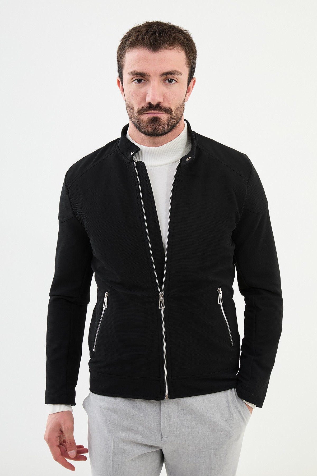 Düz Slim Fit Hakim Yaka Erkek Mont - Siyah