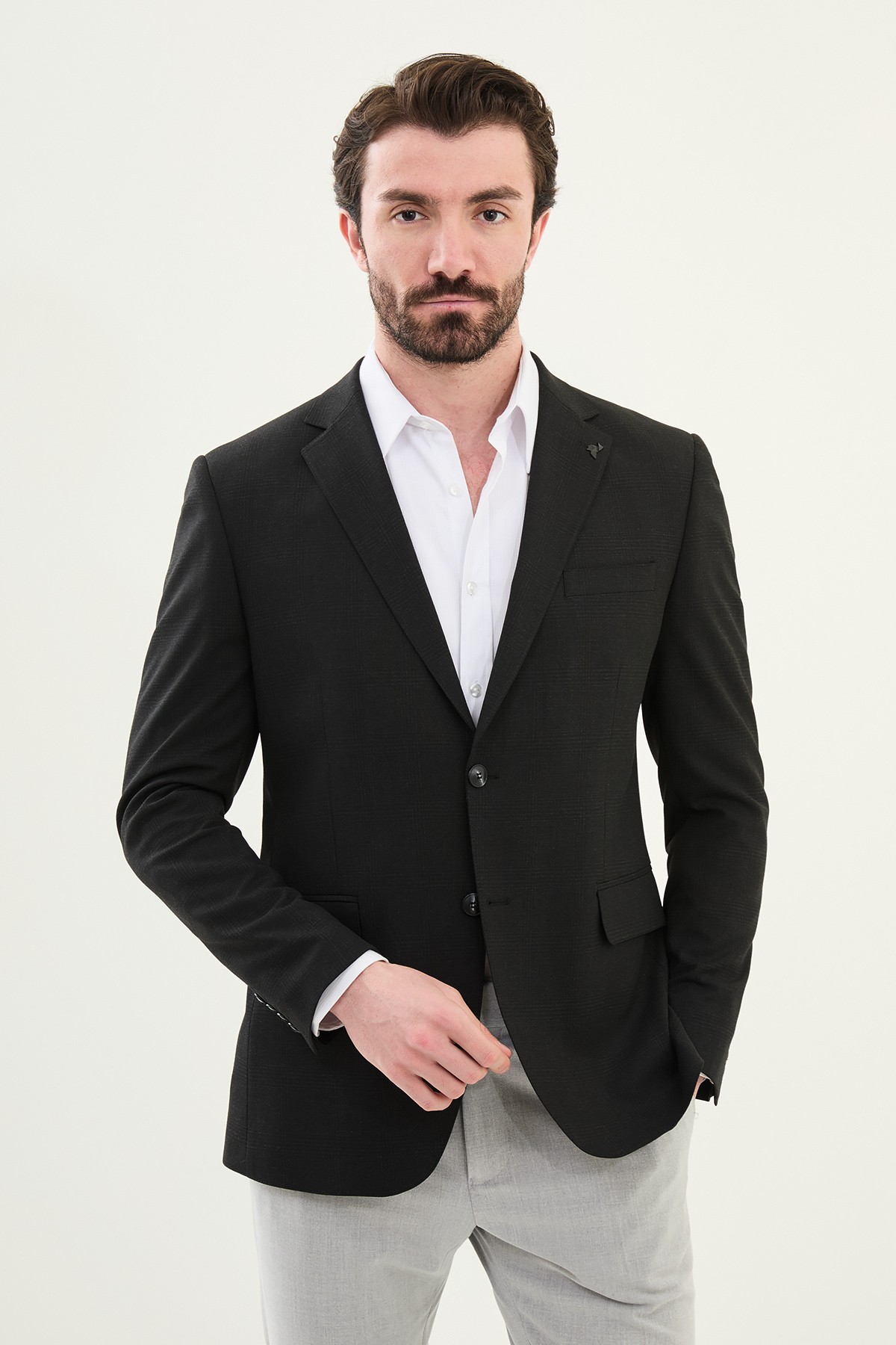 Ekoseli Slim Fit Mono Yaka Erkek Ceket