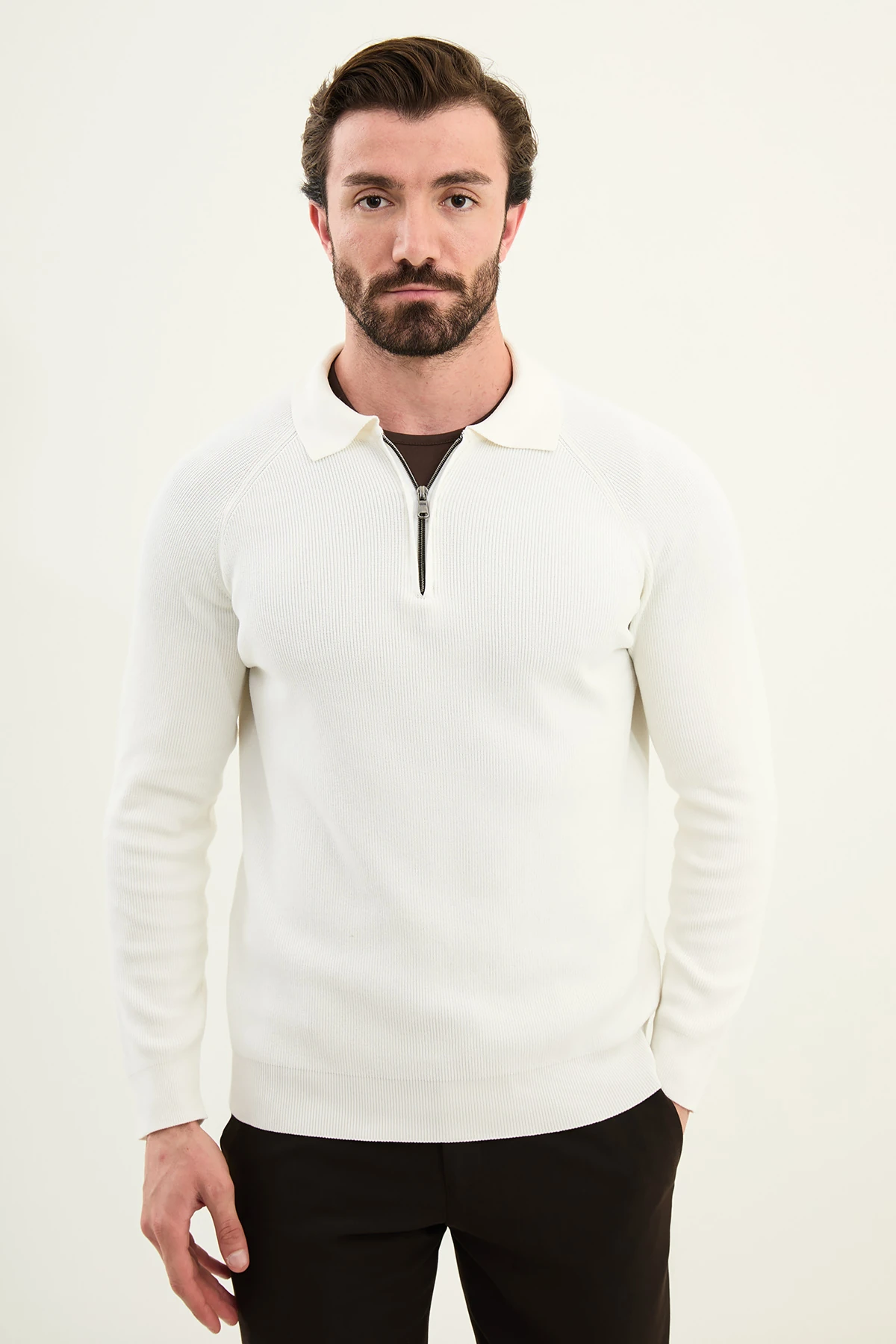 Dokulu Slim Fit Fermuarlı Polo Yaka Erkek Triko Kazak - Ekru