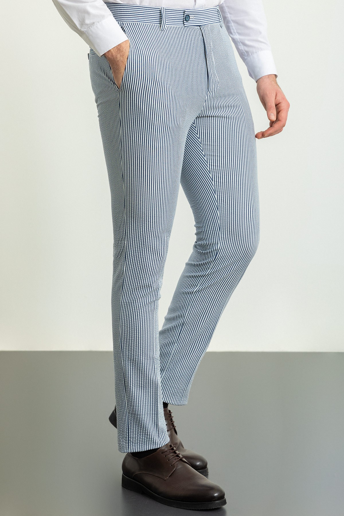 Çizgili Bej Rengi Super Slim Fit Erkek Pantolon