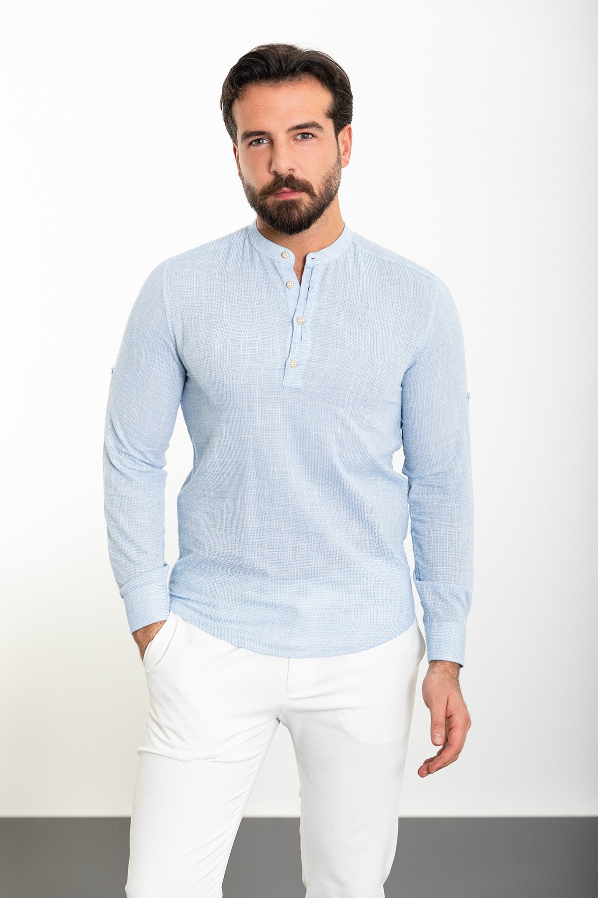 Desenli Slim Fit Hakim Yaka Uzun Kollu Erkek Gömlek - Mavi-Ekru