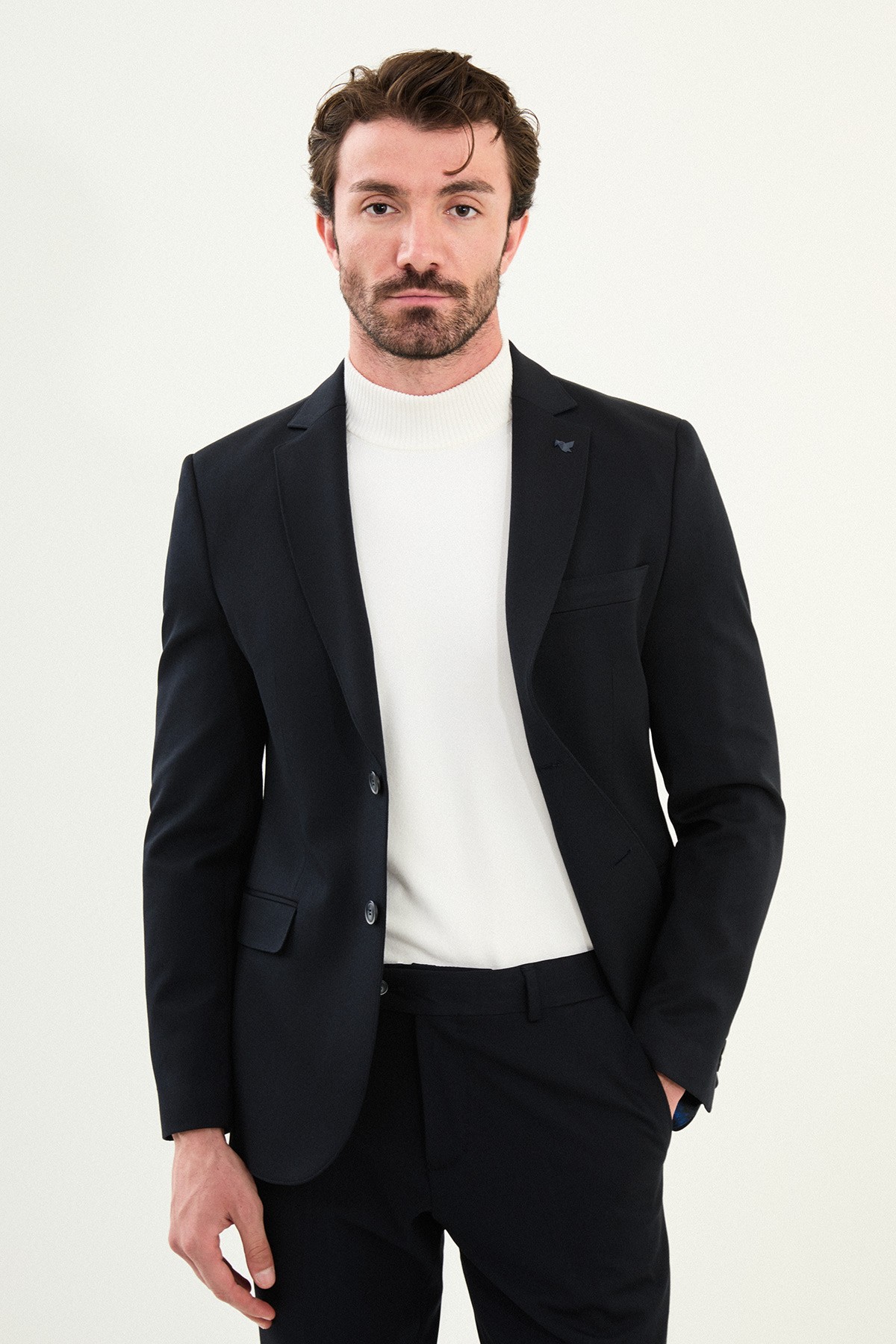 Düz Slim Fit Mono Yaka Klasik Yün Erkek Takım Elbise - Lacivert
