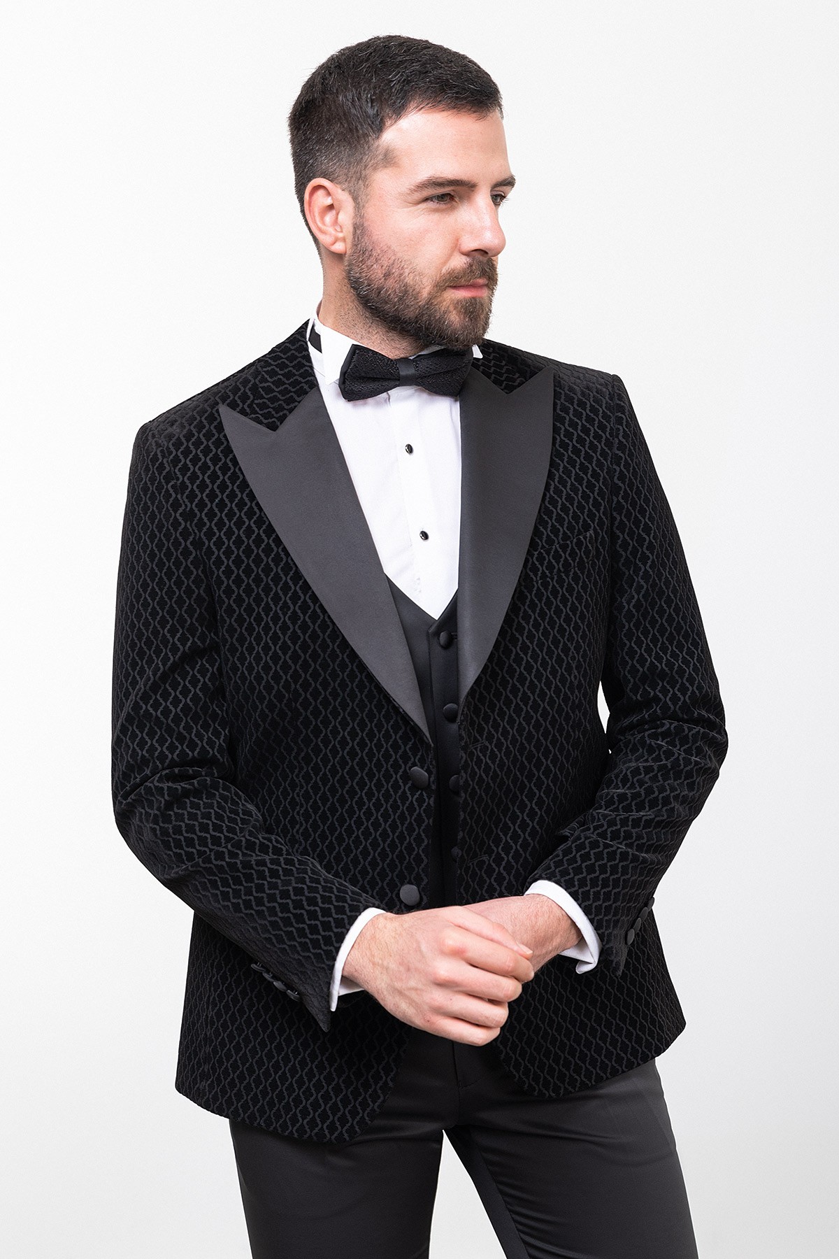 Desenli Slim Fit Geniş Yaka Kadife Erkek Damatlık