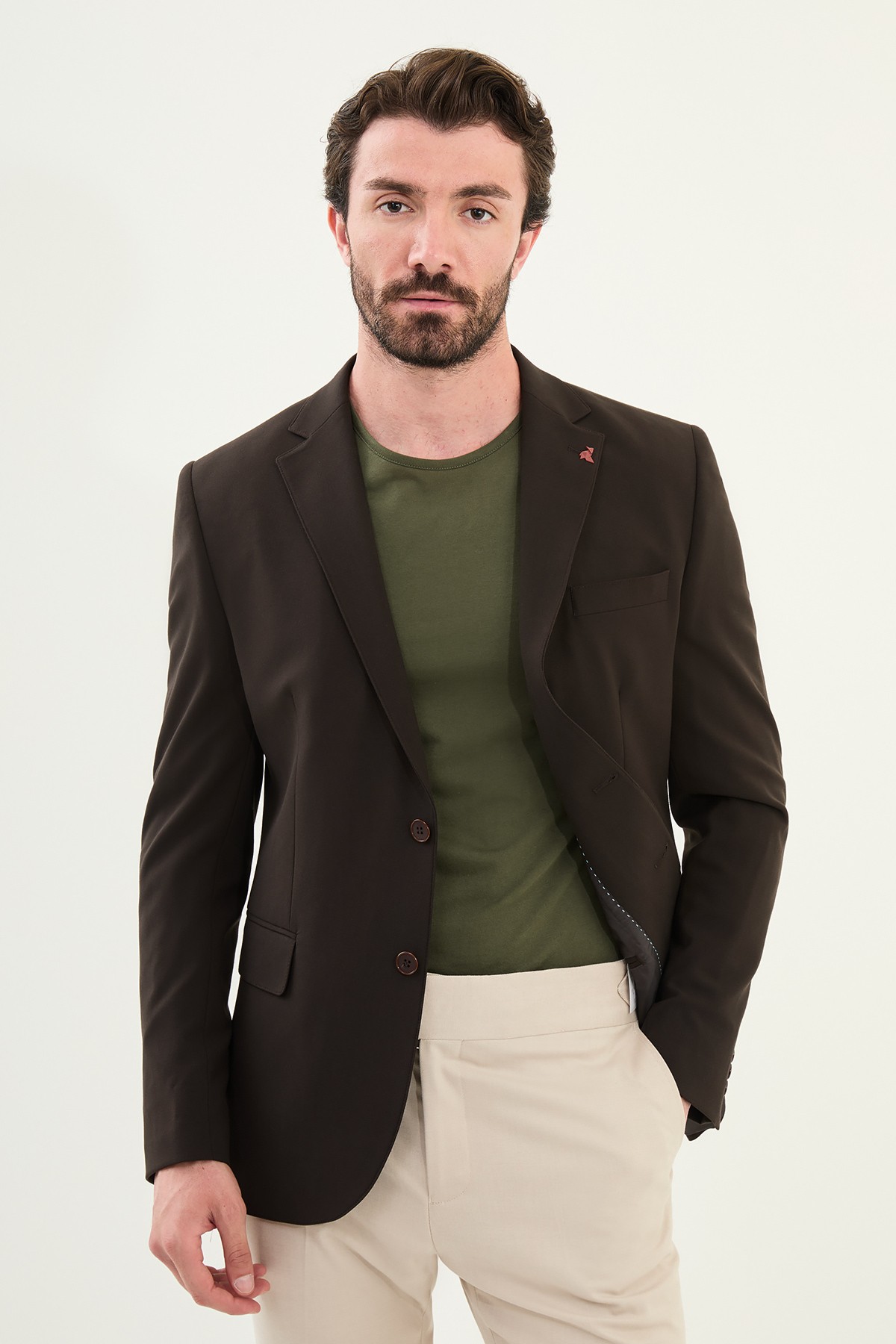 Düz Slim Fit Mono Yaka Klasik Erkek Ceket - Kahverengi