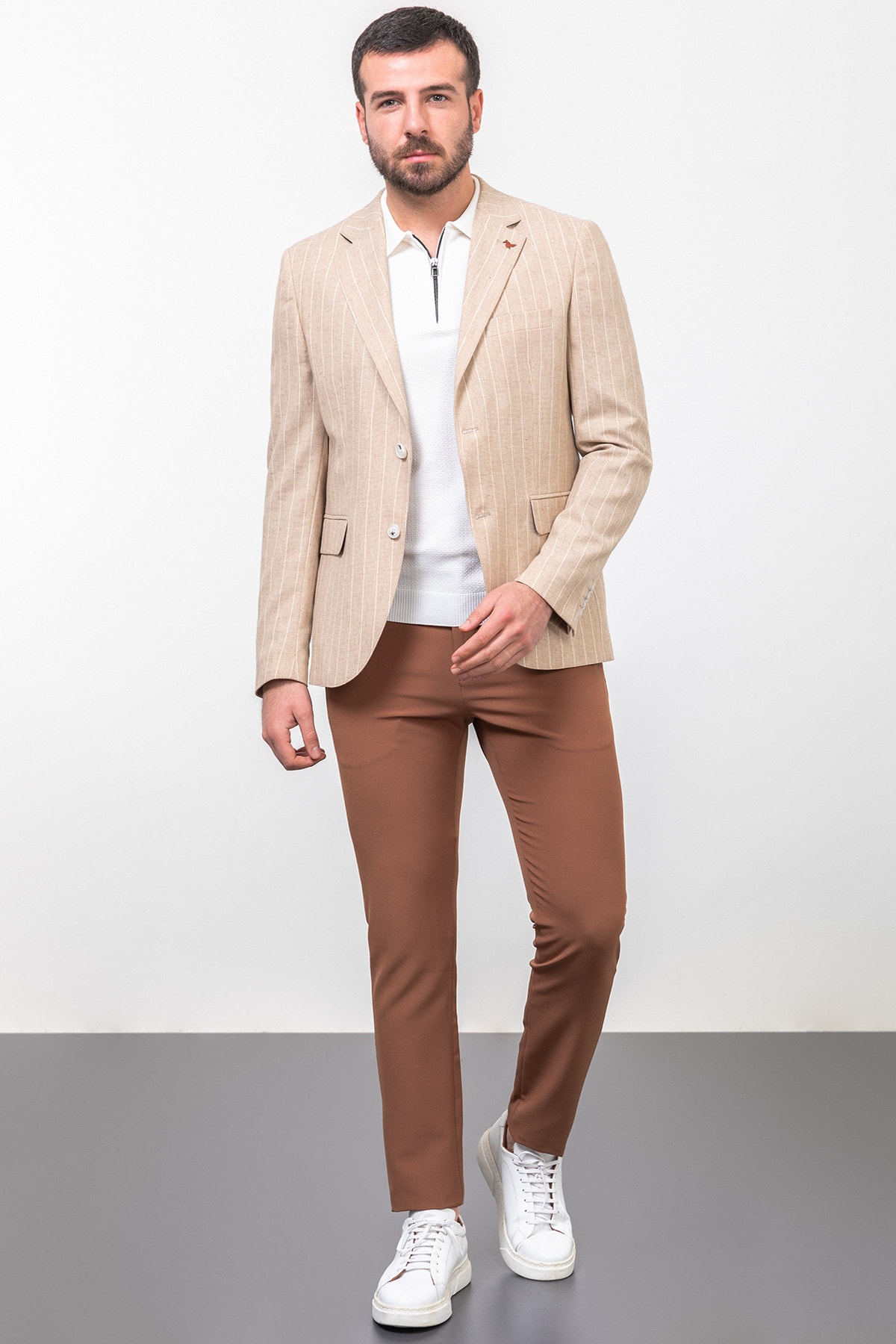 Çizgili Slim Fit Mono Yaka Keten Erkek Ceket