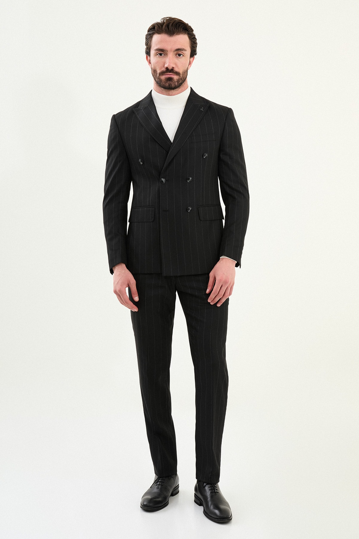 Çizgili Slim Fit Geniş Yaka Kruvaze Erkek Takım Elbise