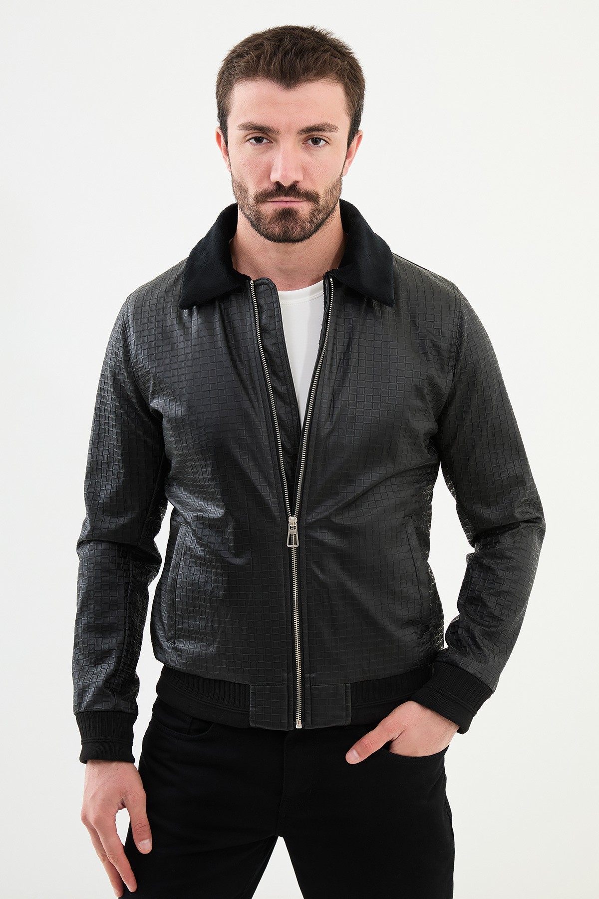Desenli Slim Fit Kürklü Yaka Suni Deri Erkek Mont
