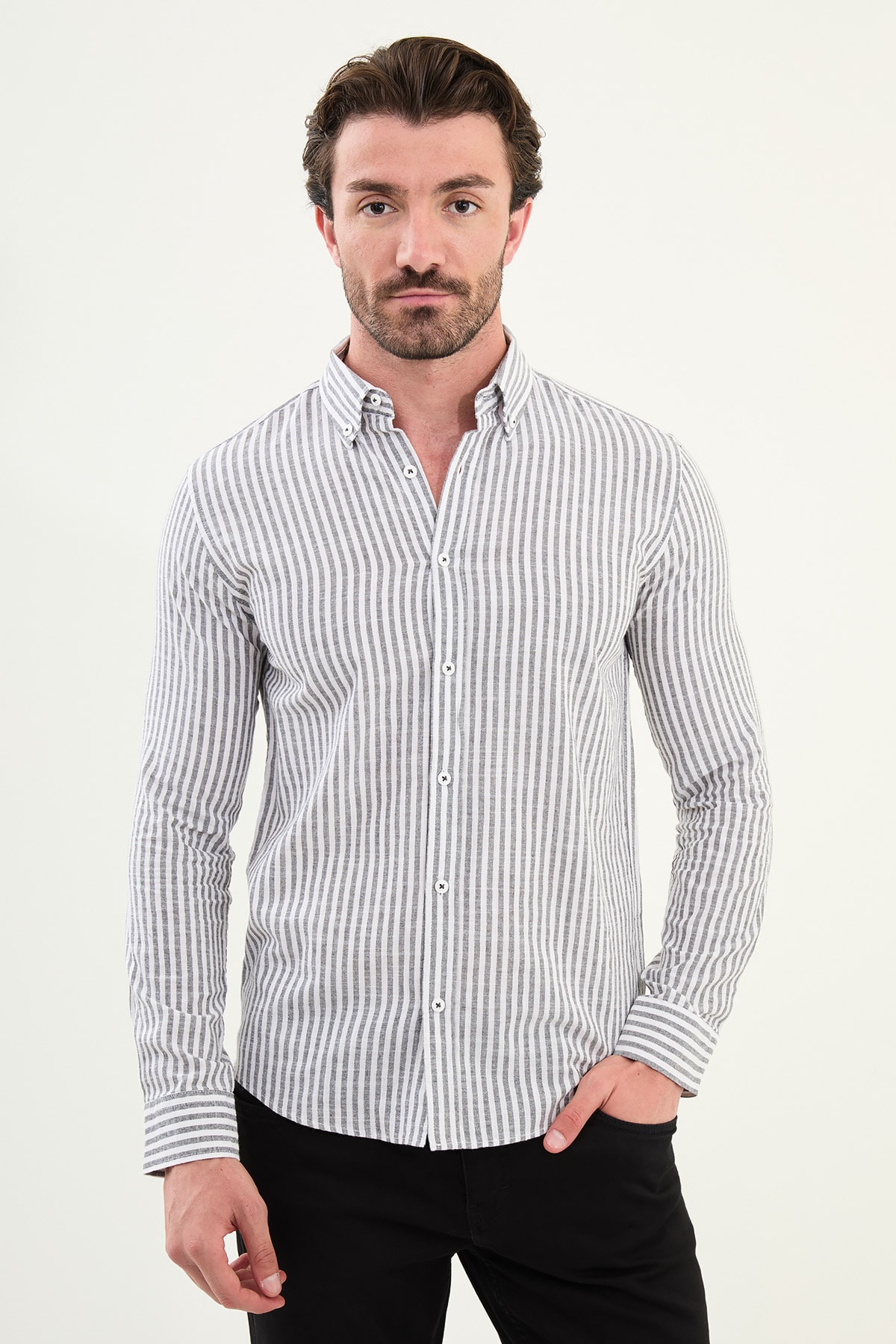 Çizgili Slim Fit Uzun Kollu Keten Erkek Gömlek - Siyah