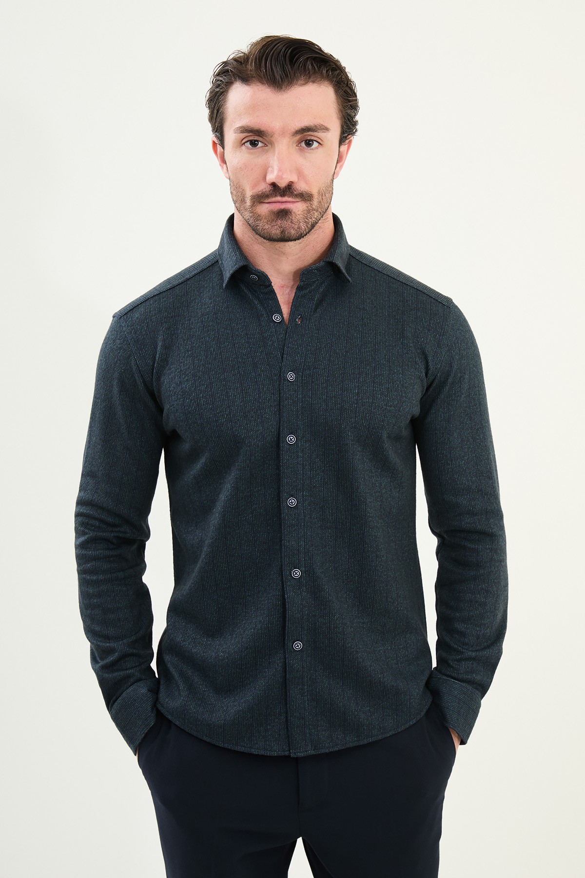 Çizgili Slim Fit Uzun Kollu Oduncu Yün Erkek Gömlek - Lacivert-Yeşil