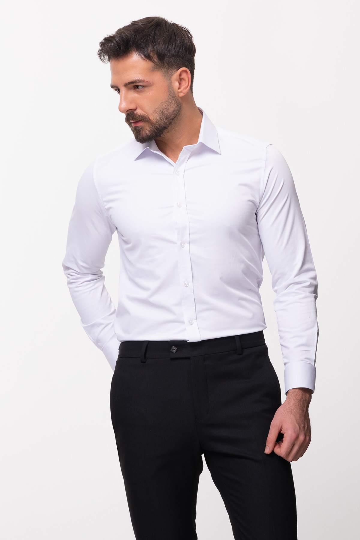 Düz Slim Fit Saten Klasik Erkek Gömlek - Beyaz