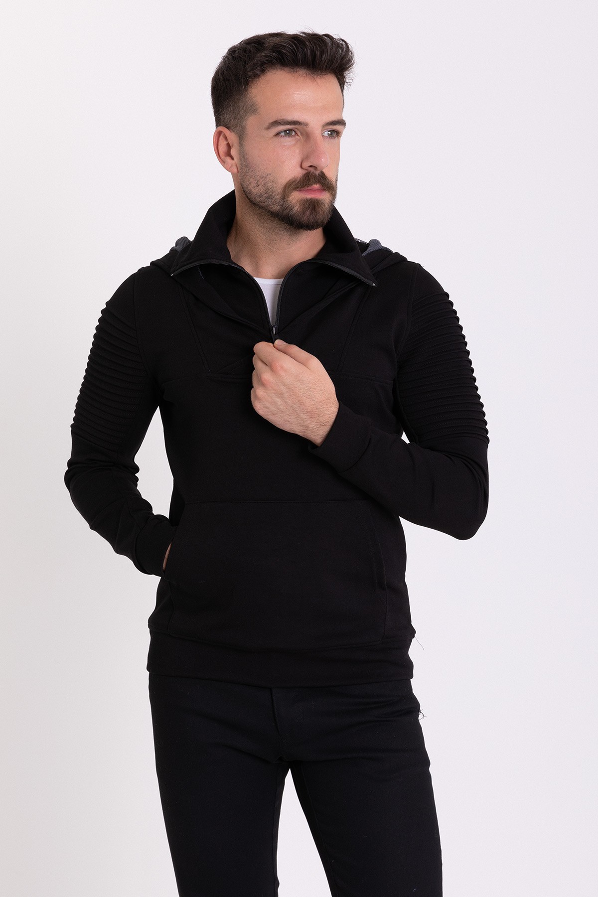 Fermuar Detaylı Slim Fit Kapüşonlu Erkek Sweatshirt