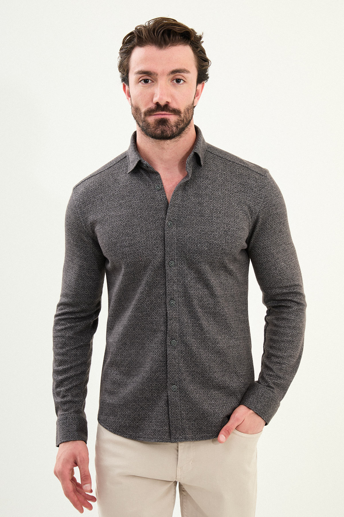 Desenli Slim Fit Uzun Kollu Oduncu Yün Erkek Gömlek - Kahverengi