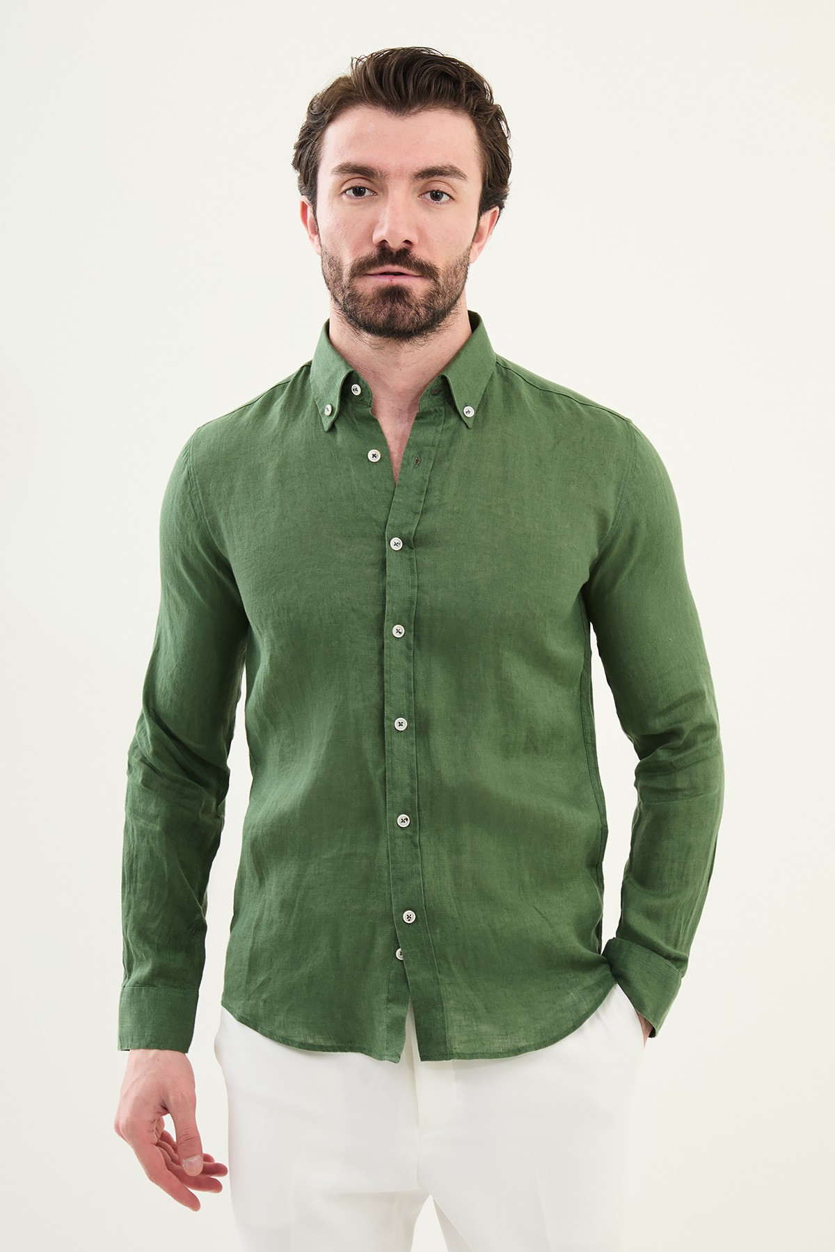 Düz Slim Fit %100 Keten Erkek Gömlek - Yeşil