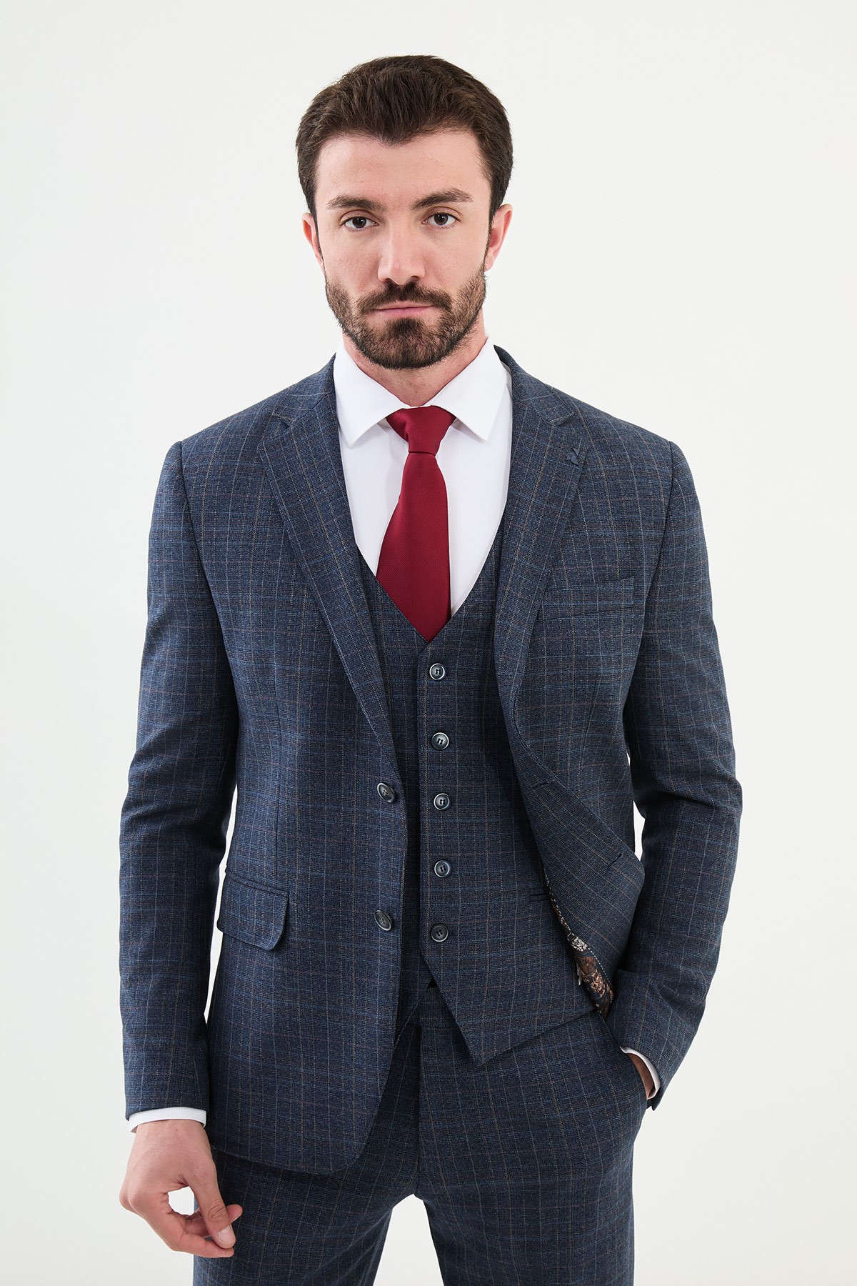 Kareli Slim Fit Mono Yaka Yün Erkek Takım Elbise