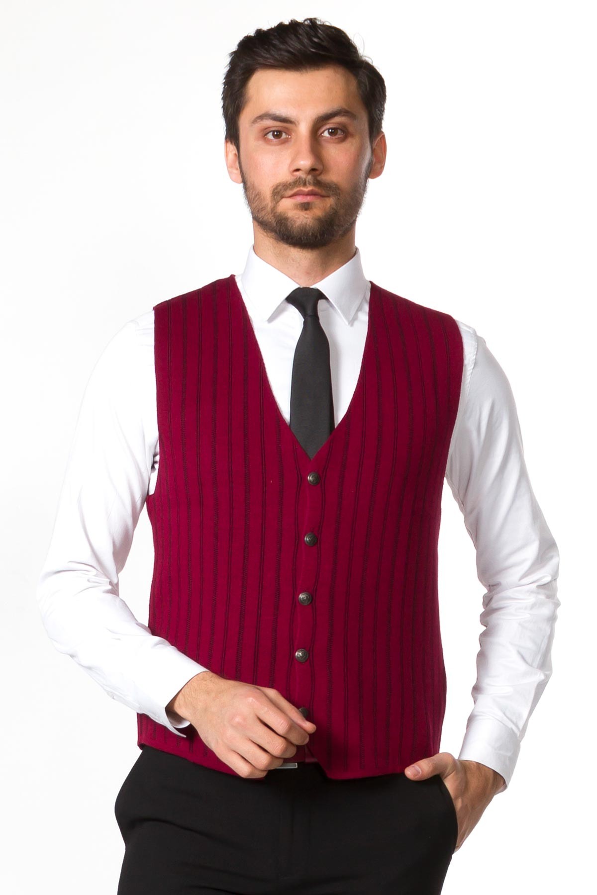 Çizgili Triko Yelek - Bordo-Siyah