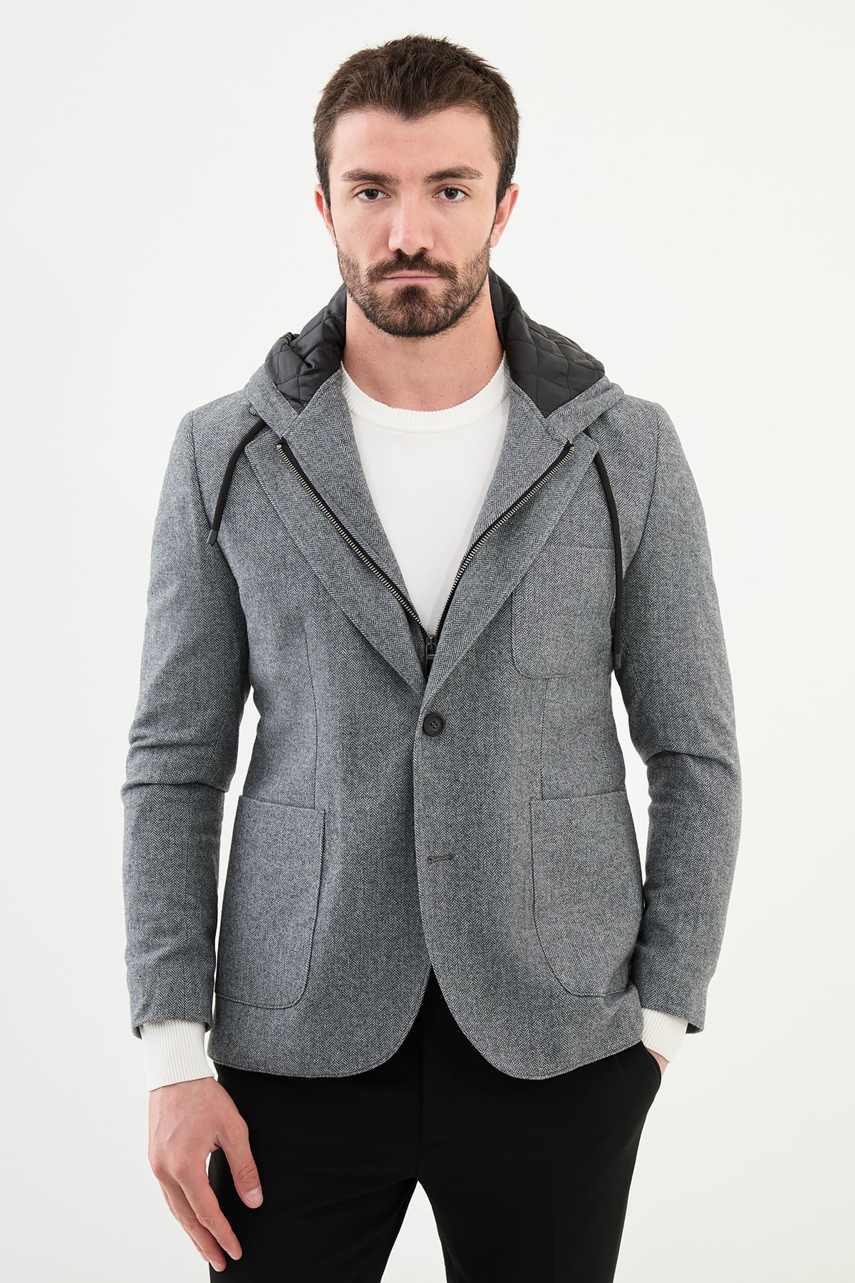 Desenli Slim Fit Çıkarılabilir Kapüşonlu Yün Erkek Ceket - Antrasit