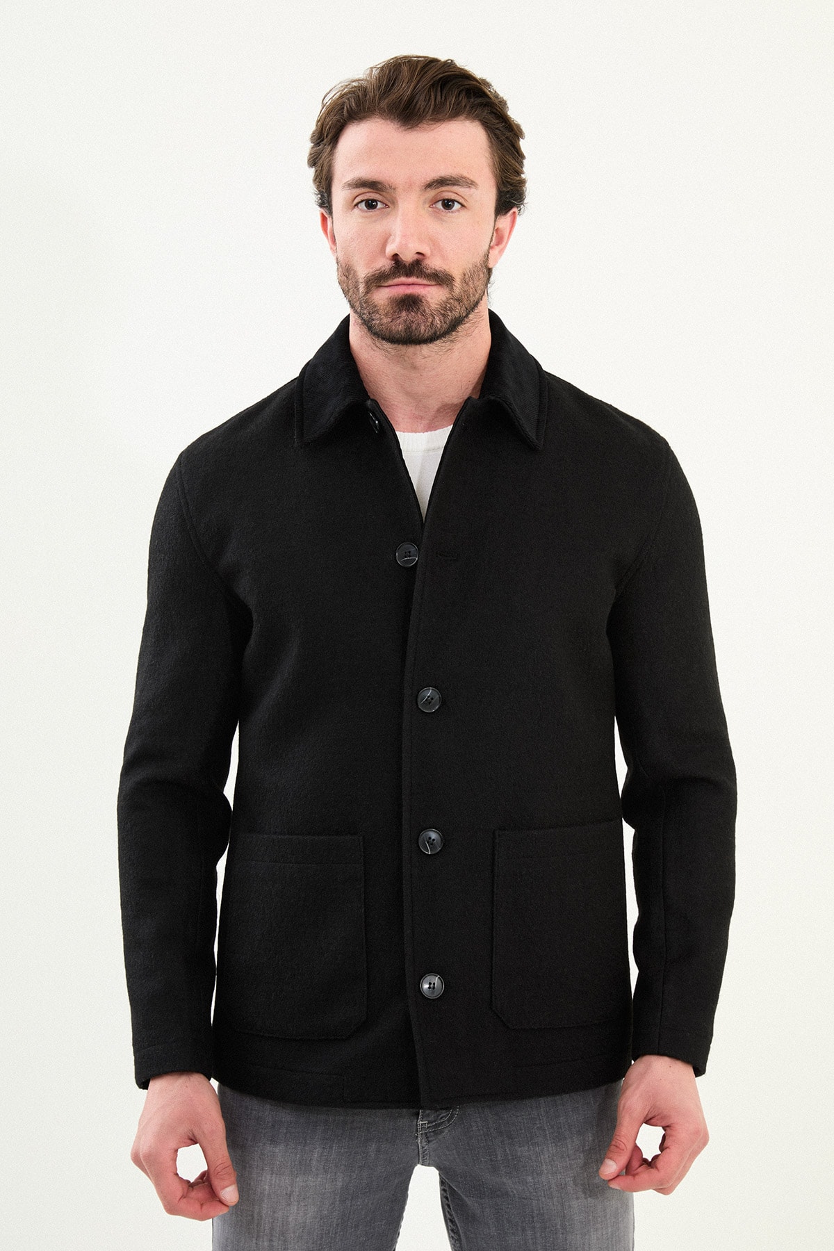 Kırçıllı Slim Fit Kadife Yaka Torba Cepli Erkek Trenchcoat - Siyah