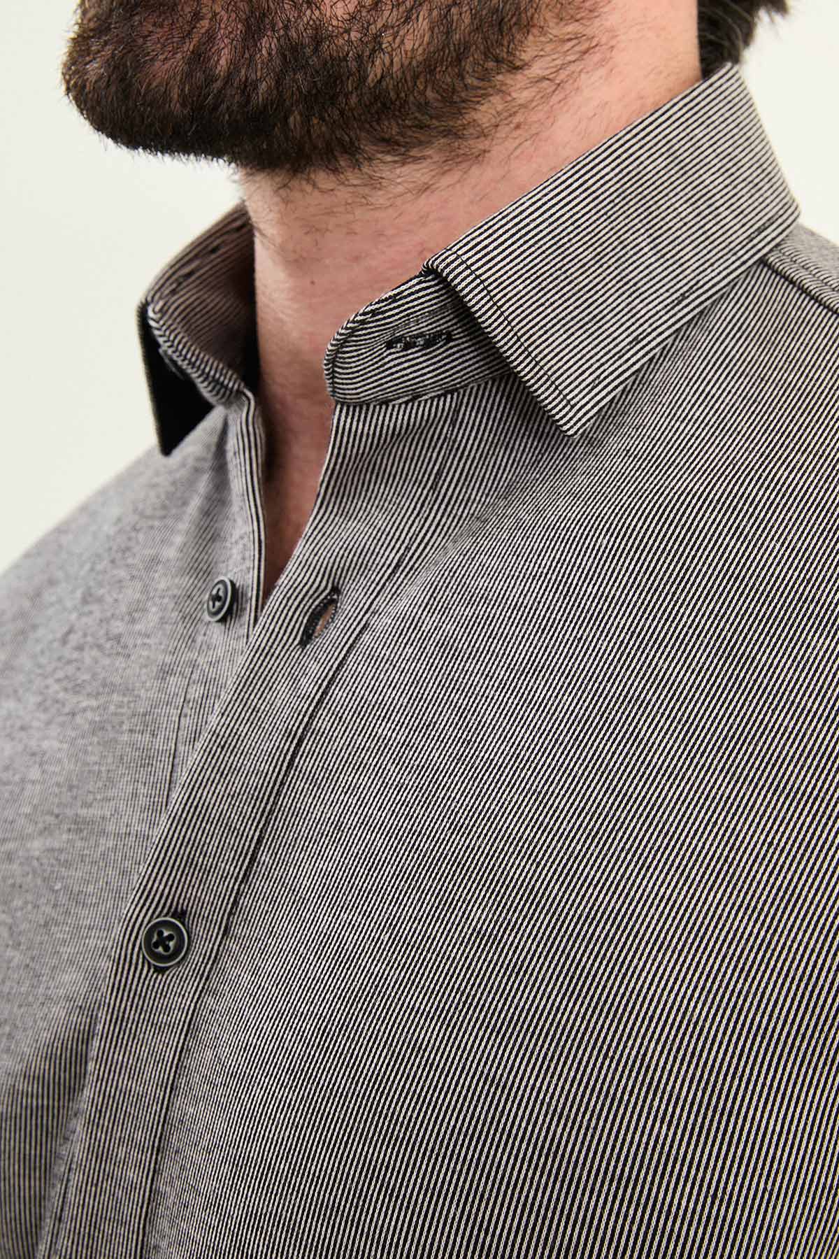 Çizgili Slim Fit Yün Uzun Kollu Erkek Gömlek