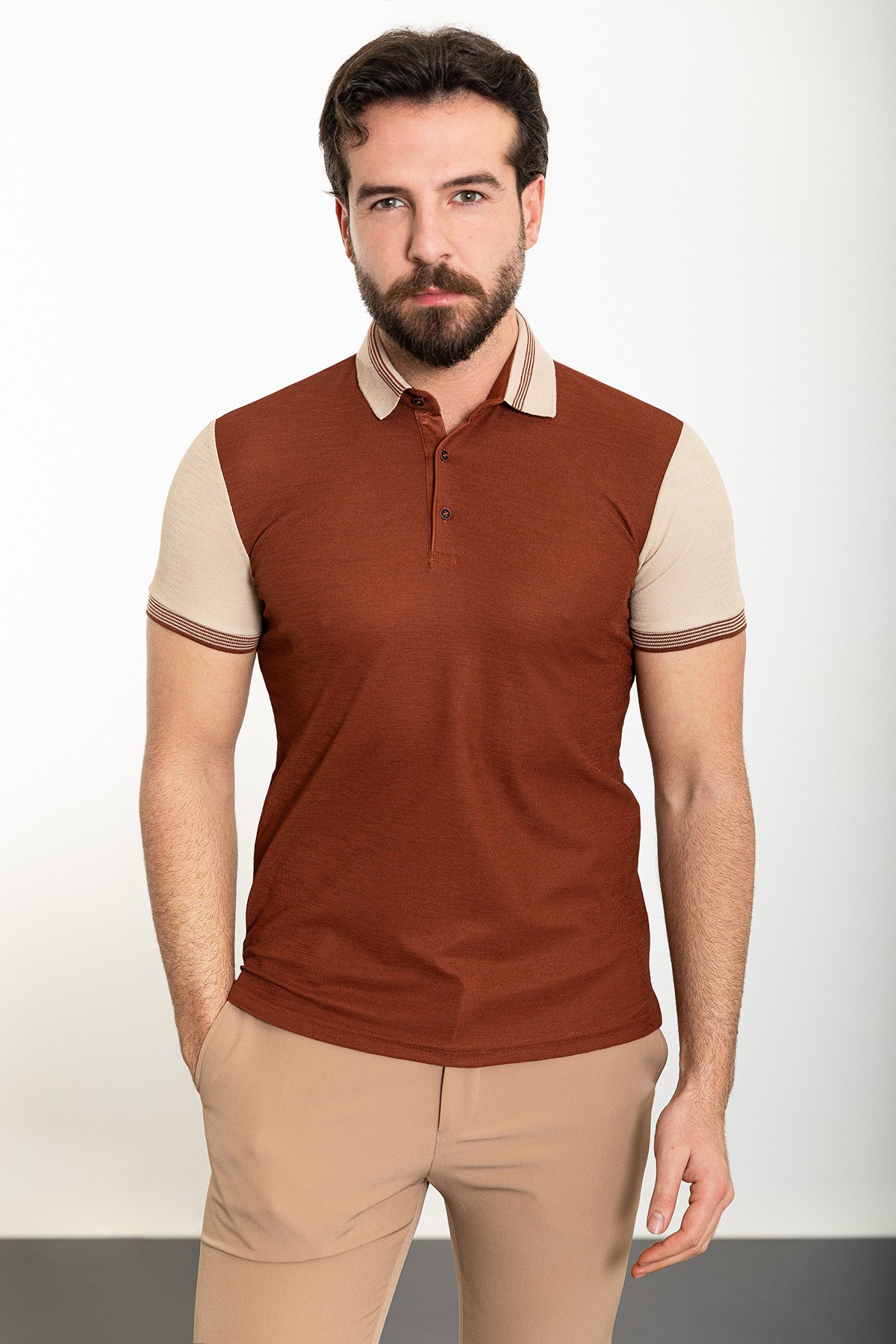 Parçalı Slim Fit Polo Yaka Erkek T-Shirt - Kiremit