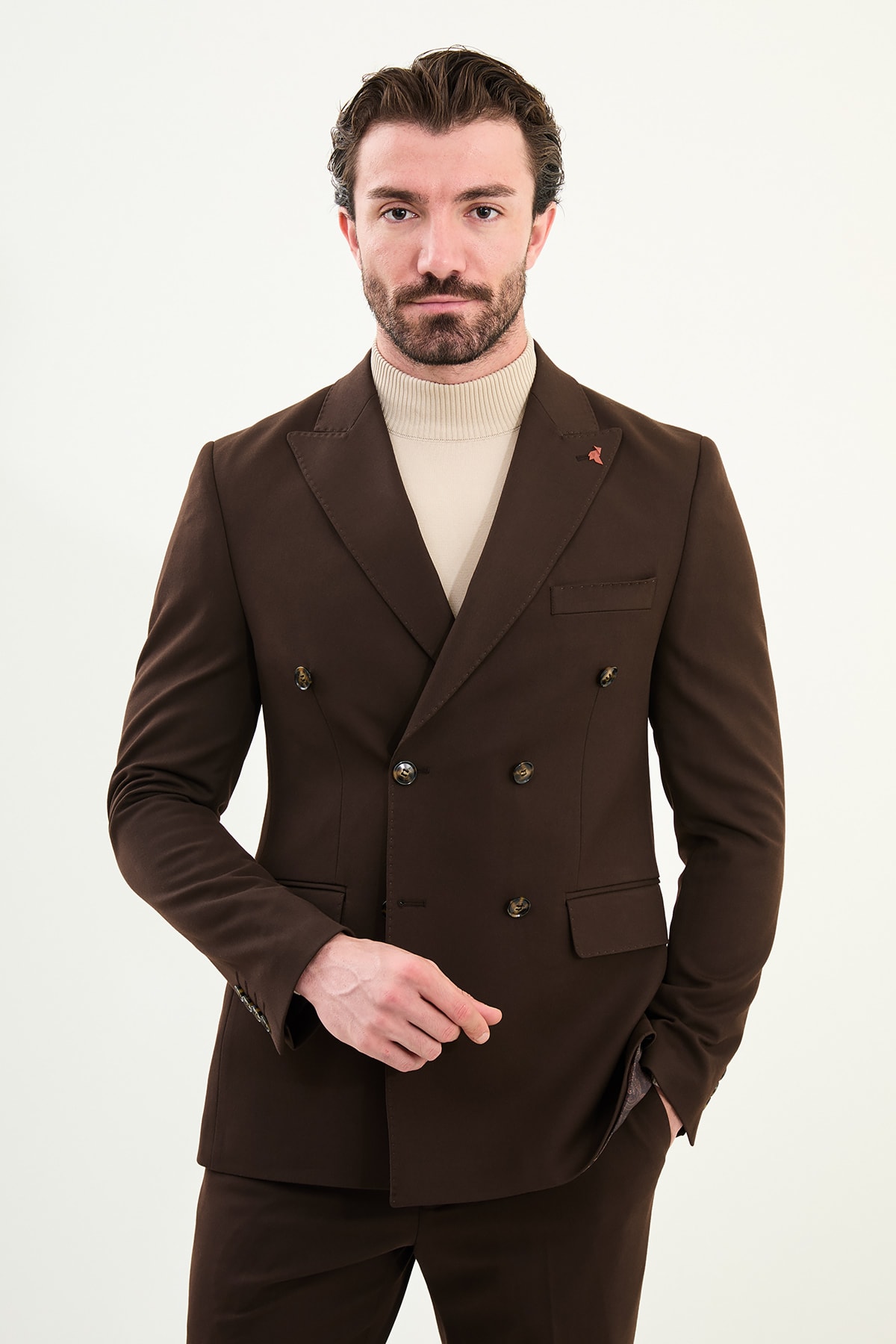 Düz Slim Fit Geniş Yaka Punto Dikiş Kruvaze Erkek Takım Elbise - Koyu Kahverengi