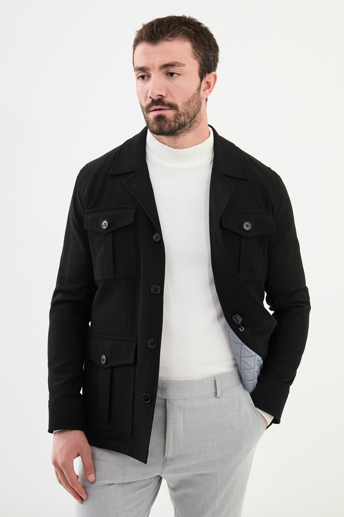 Düz Slim Fit Torba Cep Erkek Trench Coat