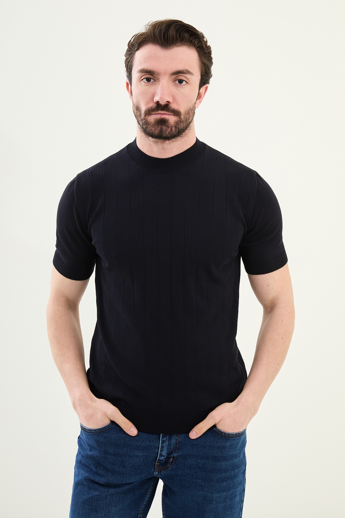 Çizgili Slim Fit Yarım Balıkçı Yaka Erkek Triko T-Shirt - Lacivert