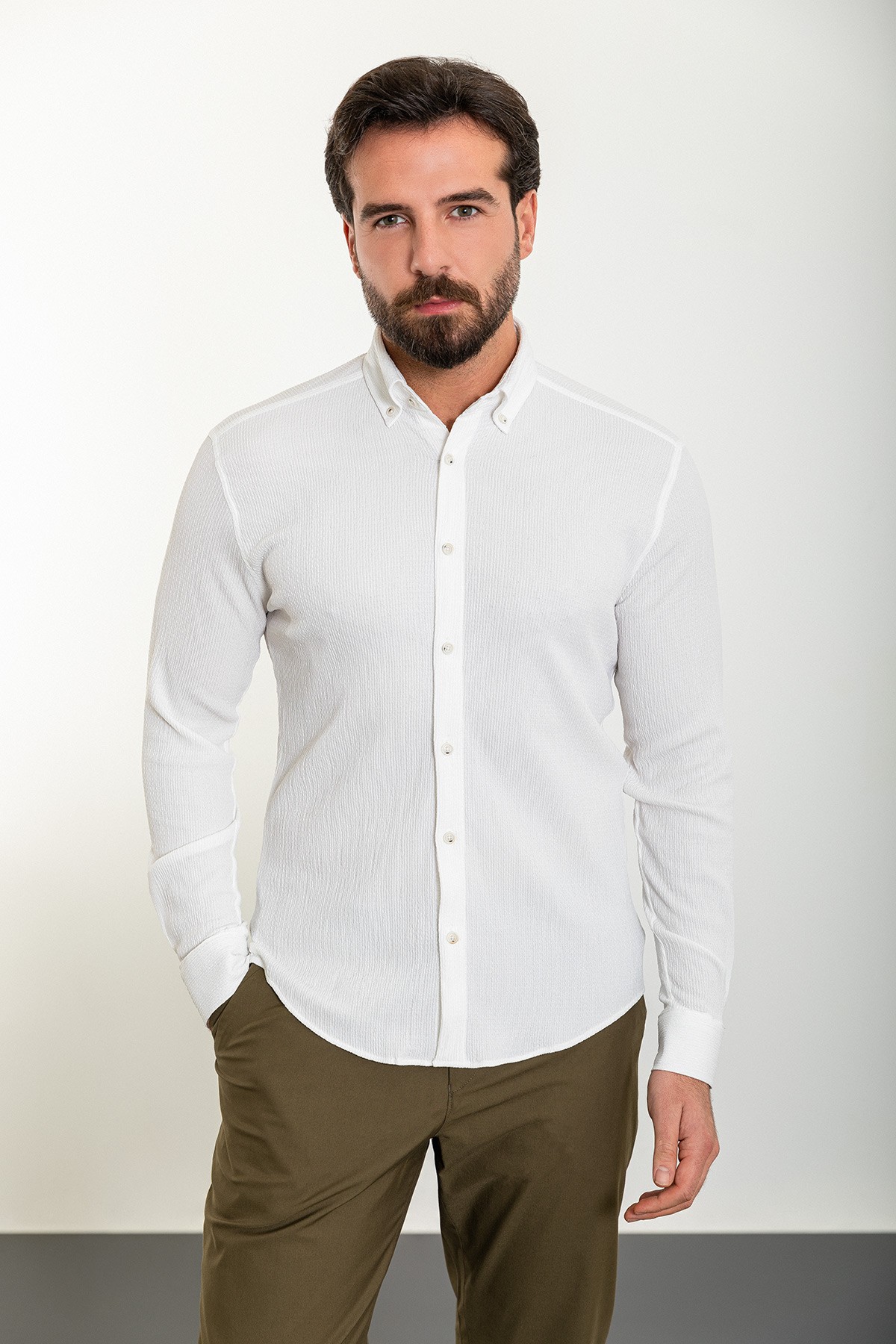 Çizgili Slim Fit Uzun Kollu Gofre Erkek Gömlek - Beyaz