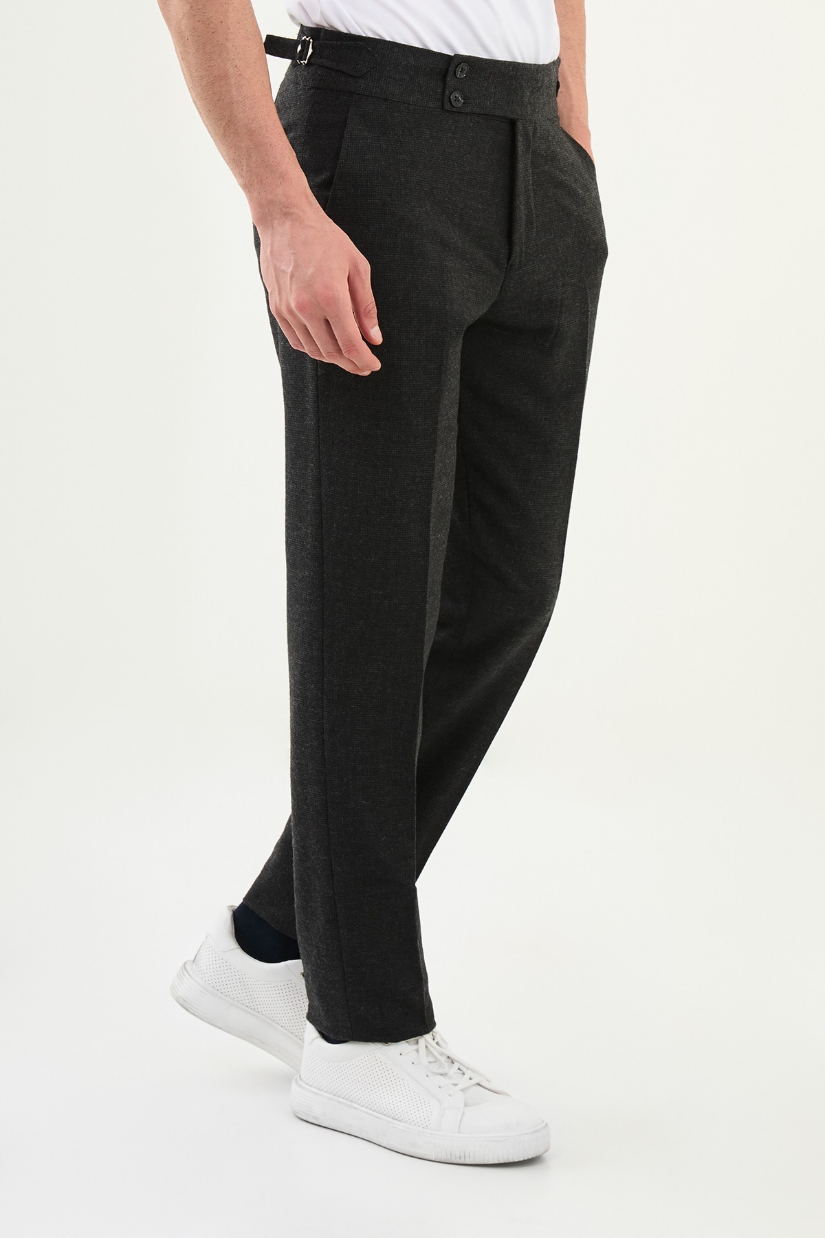 Kareli Slim Fit Beli Tokalı Yün Erkek Pantolon