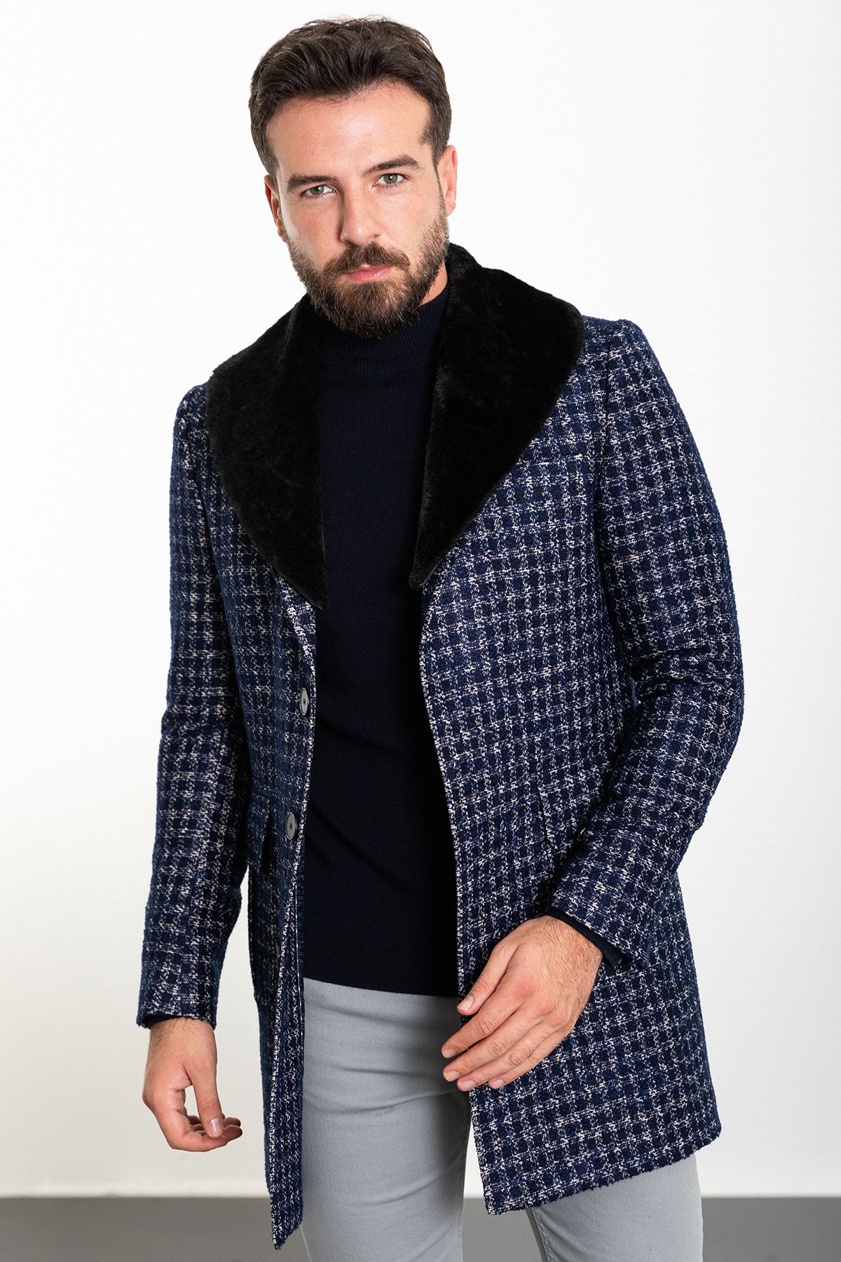 Kareli Slim Fit Kürklü Yaka Erkek Kaşe Kaban