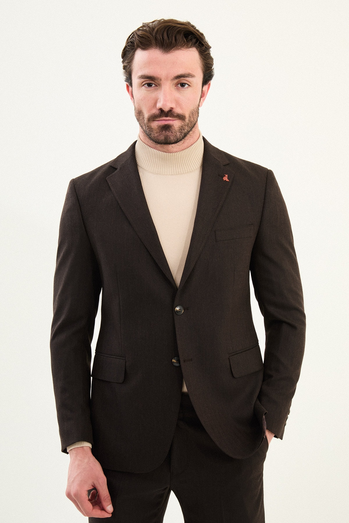 Desenli Slim Fit Mono Yaka Yün Erkek Takım Elbise