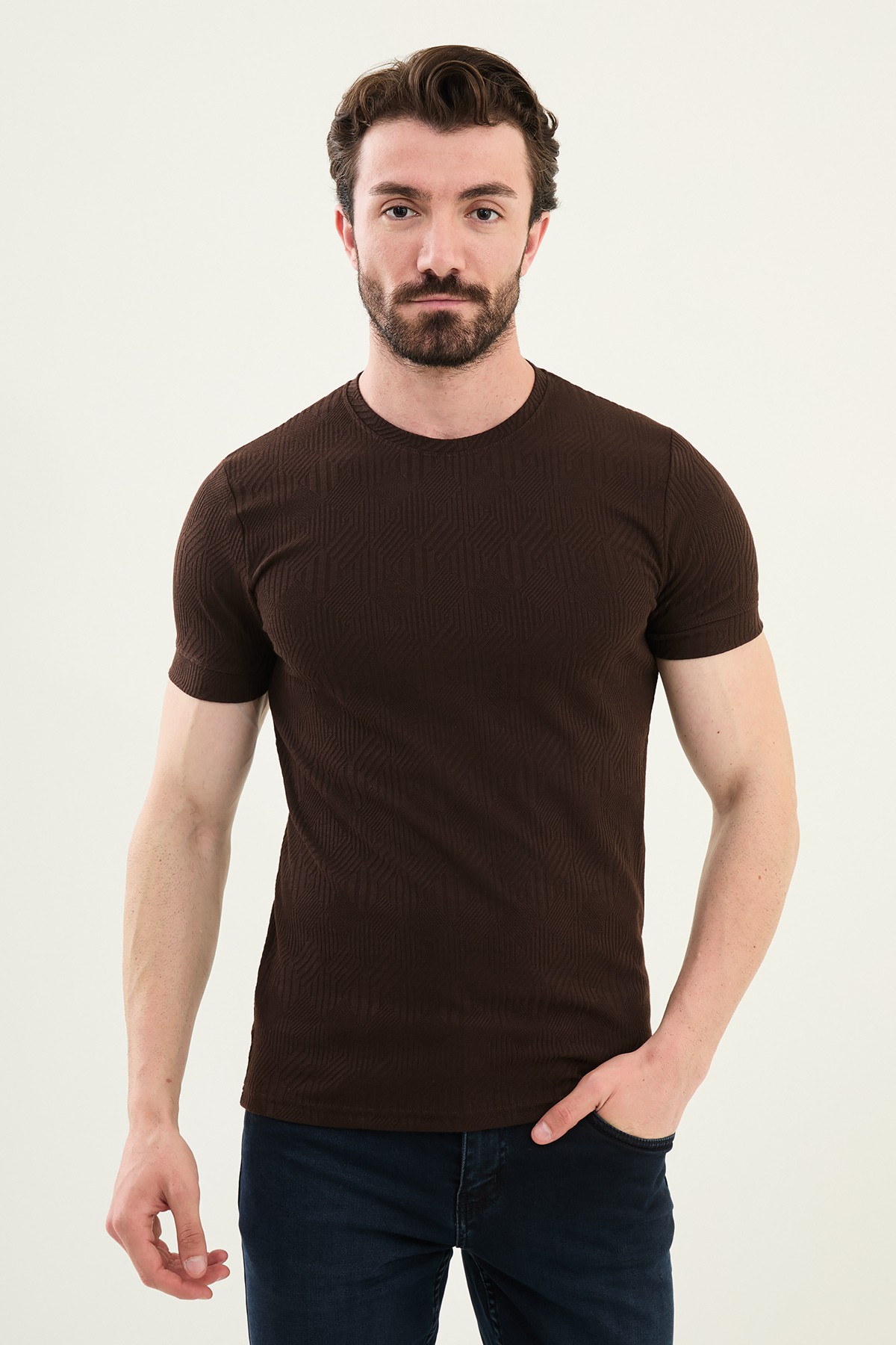 Desenli Slim Fit Bisiklet Yaka Erkek T-Shirt - Kahverengi