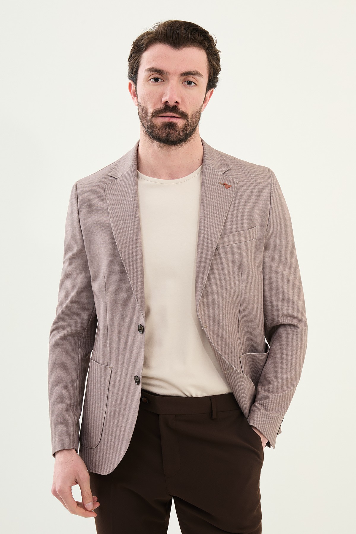 Desenli Slim Fit Torba Cep Mono Yaka Erkek Ceket - Kahverengi