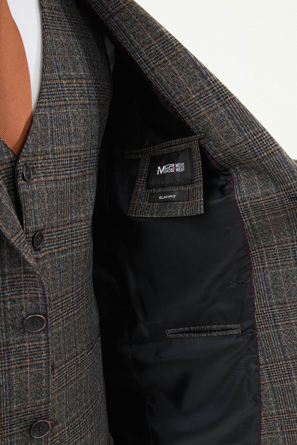 Ekoseli Slim Fit Mono Yaka Erkek Takım Elbise