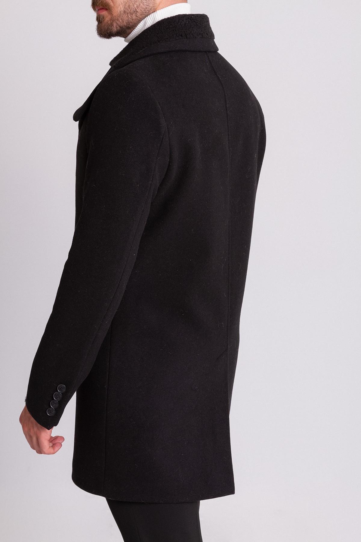 Düz Slim Fit Kürklü Şal Yaka Yün Erkek Kaban
