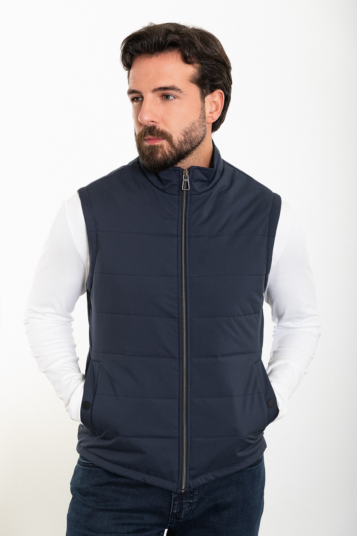 Düz Slim Fit Hakim Yaka Erkek Şişme Yelek - Lacivert