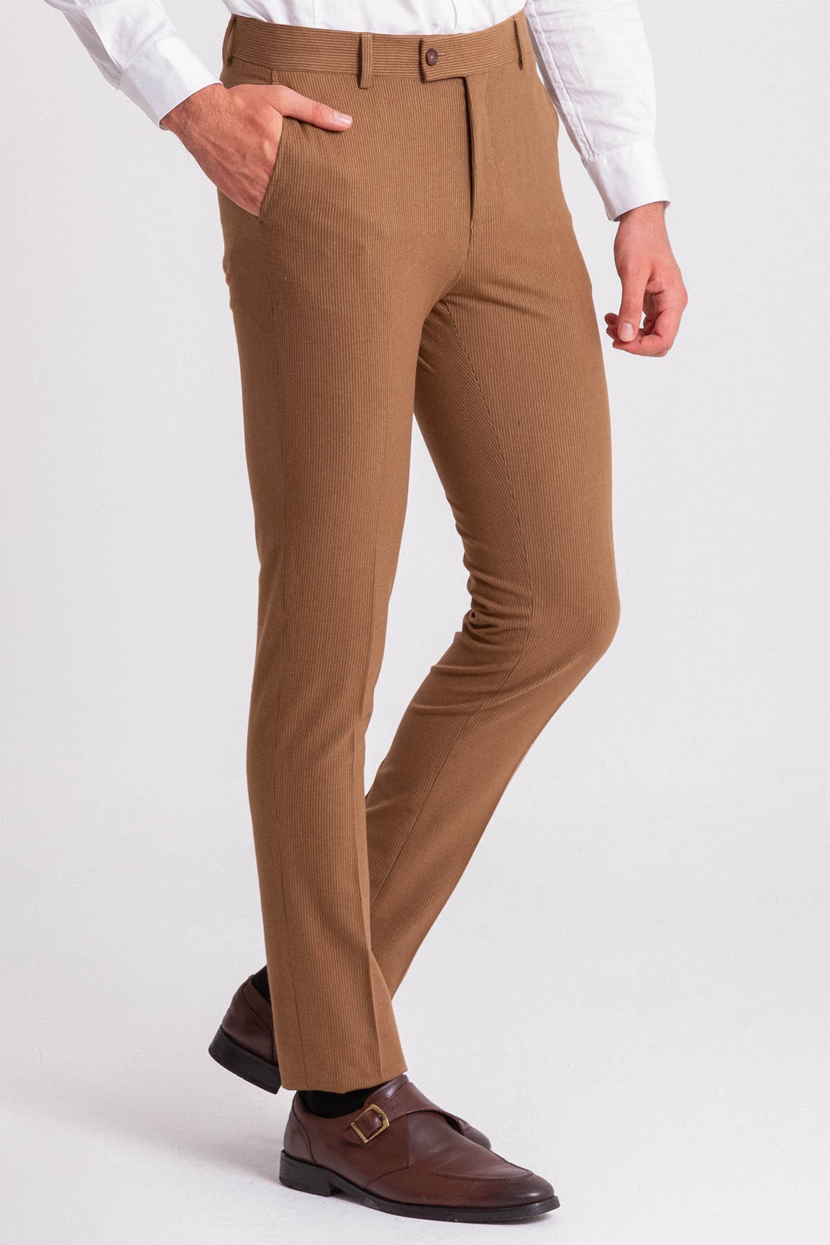 Çizgili Super Slim Fit Erkek Pantolon - Kamel