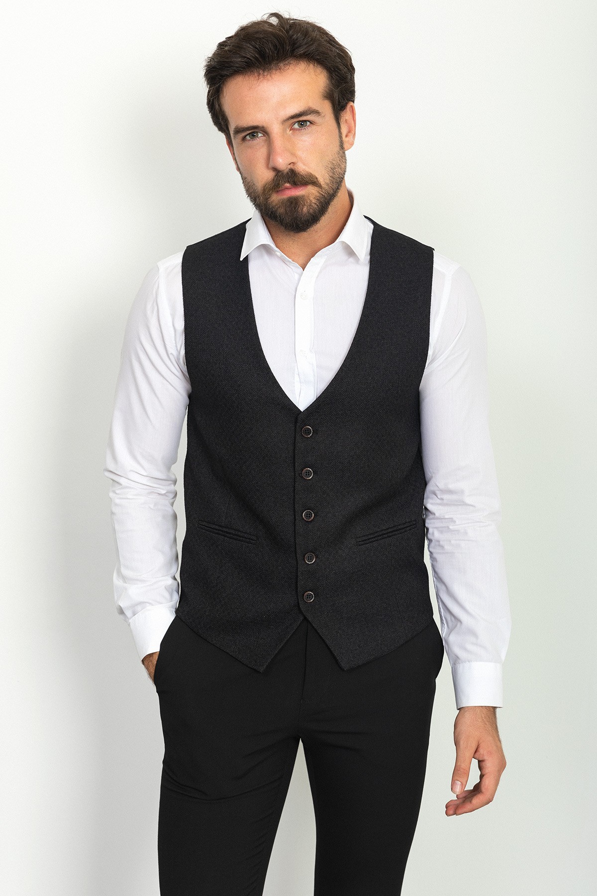 Desenli Slim Fit Klasik Yün Erkek Yelek - Siyah