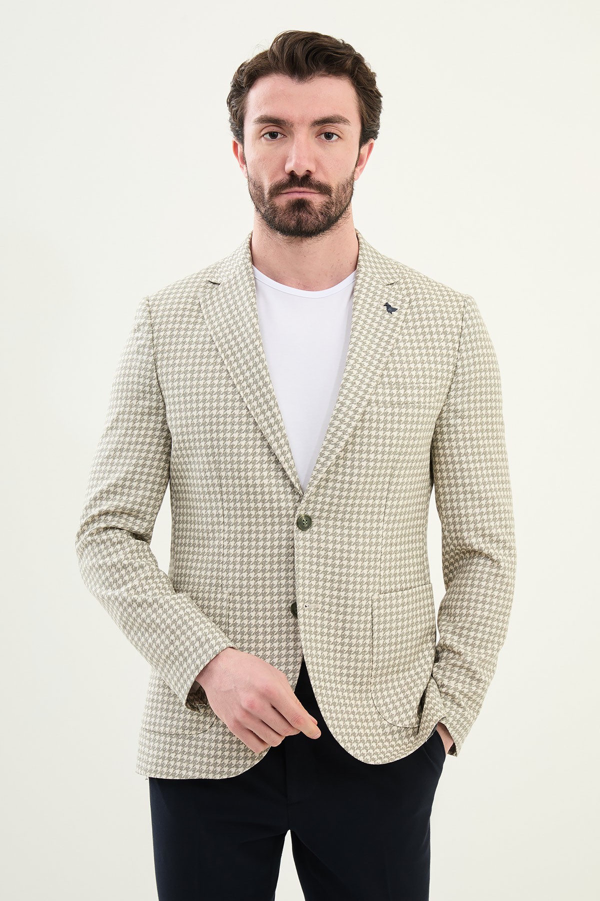 Kazayagı Desenli Slim Fit Torba Cep %100 Keten Erkek Ceket - Haki