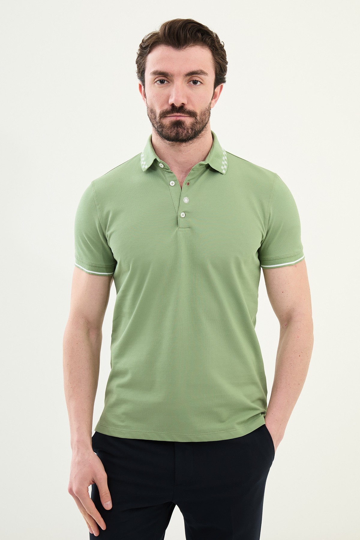 Düz Slim Fit Polo Yaka Pamuk Erkek T-Shirt - Açık Yeşil