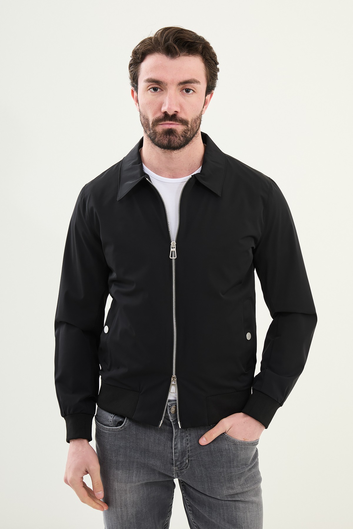 Düz Slim Fit Gömlek Yaka Çift Fermuar Erkek Mont