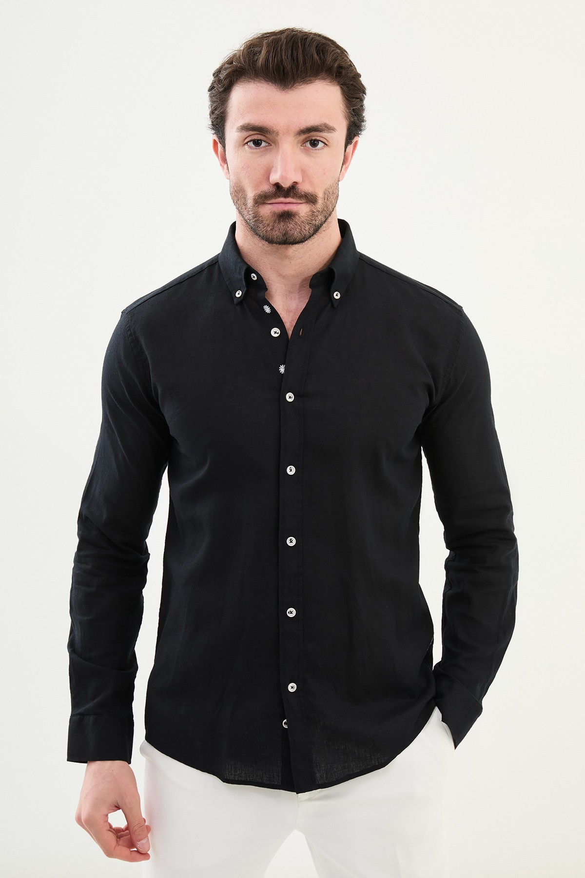 Düz Slim Fit Uzun Kollu Keten Erkek Gömlek - Siyah