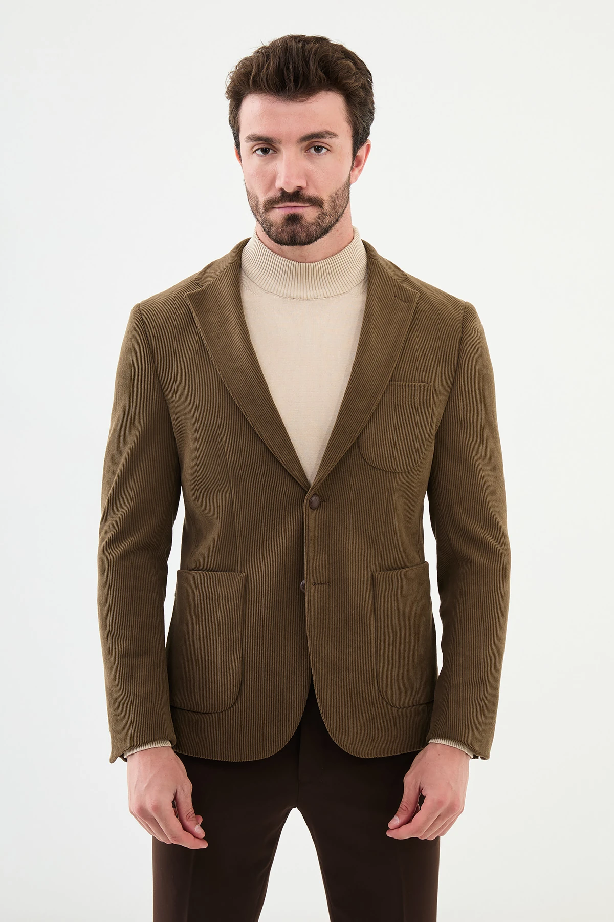 Çizgili Slim Fit Torba Cep Mono Yaka Kadife Erkek Ceket - Kamel